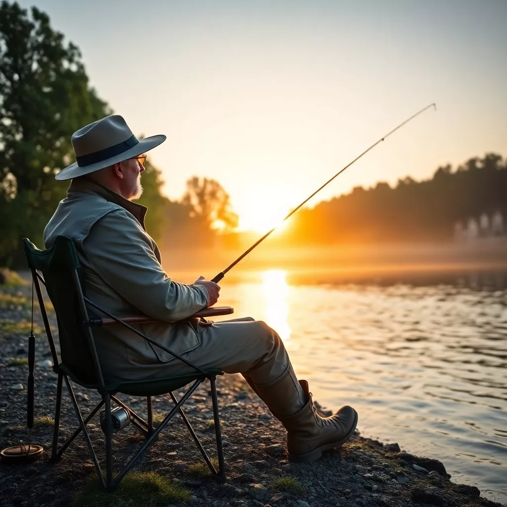 Angler sitzt auf am Ufer auf einem Stuhl am Rhein