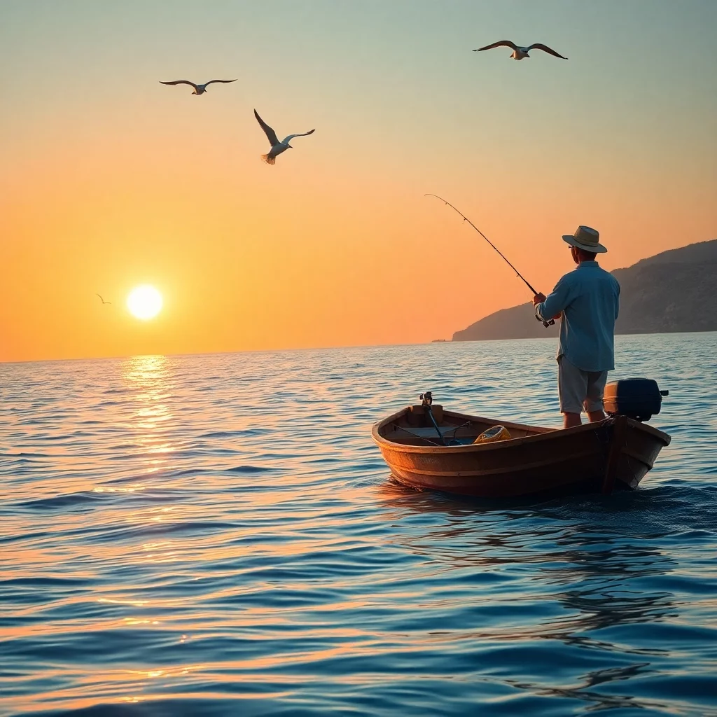 Bootsfischen im Mittelmeer bei Sonnenuntergang