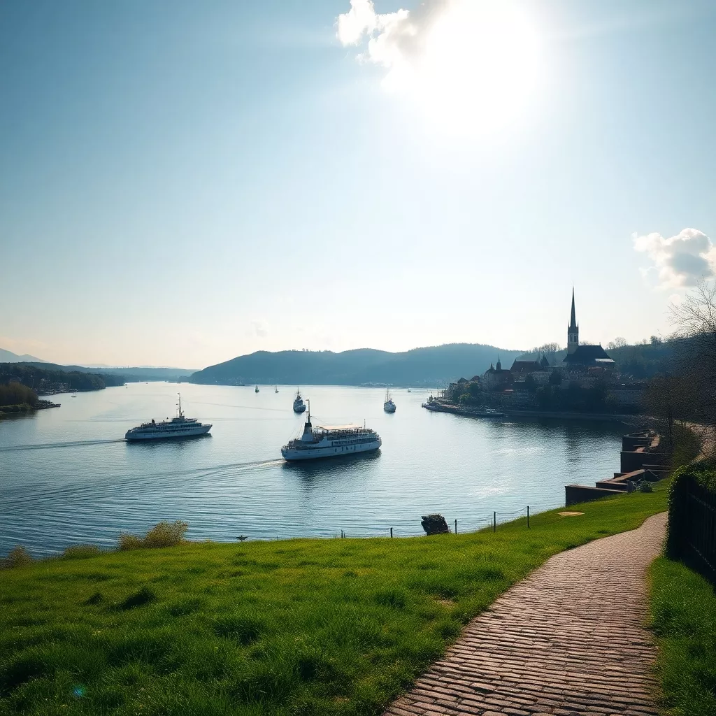 Der Rhein mit Schiffen vom Ufer aus
