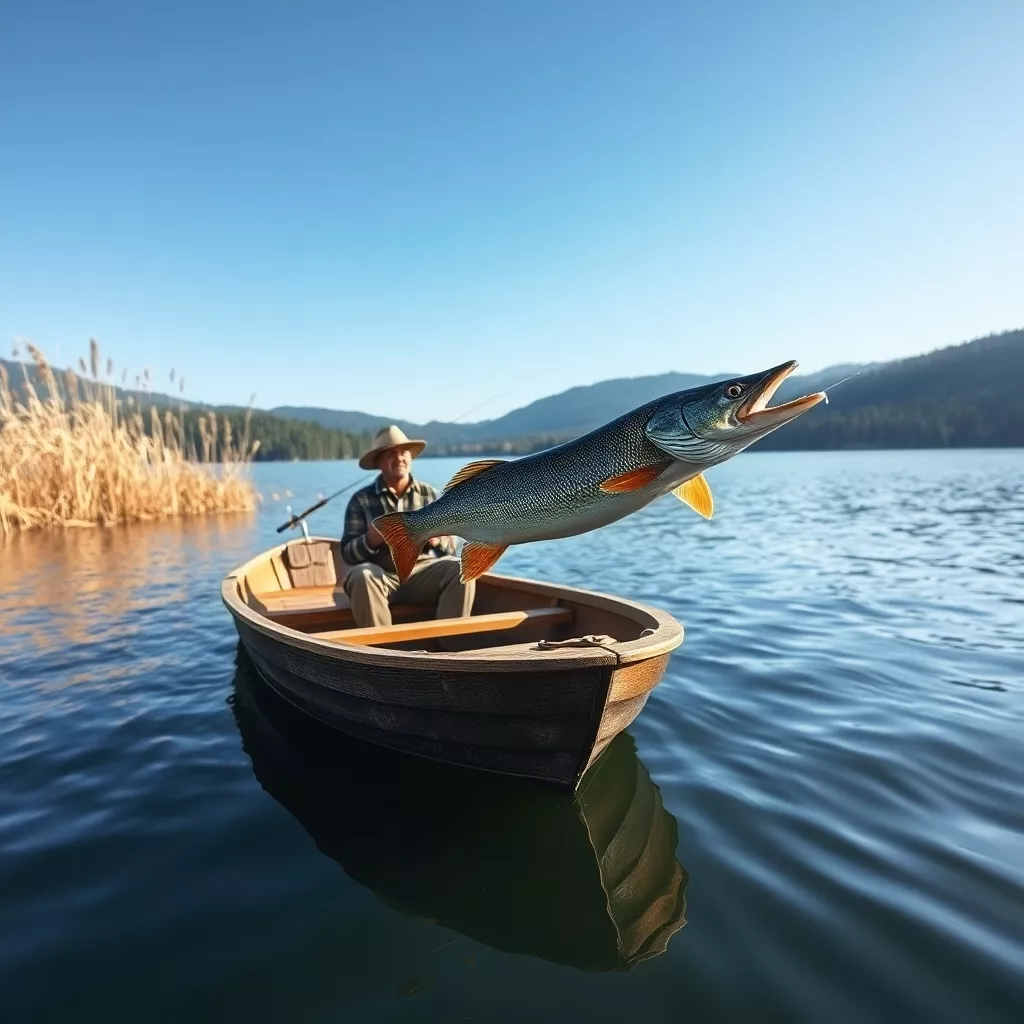Fischer fängt Hecht auf ruhigem See