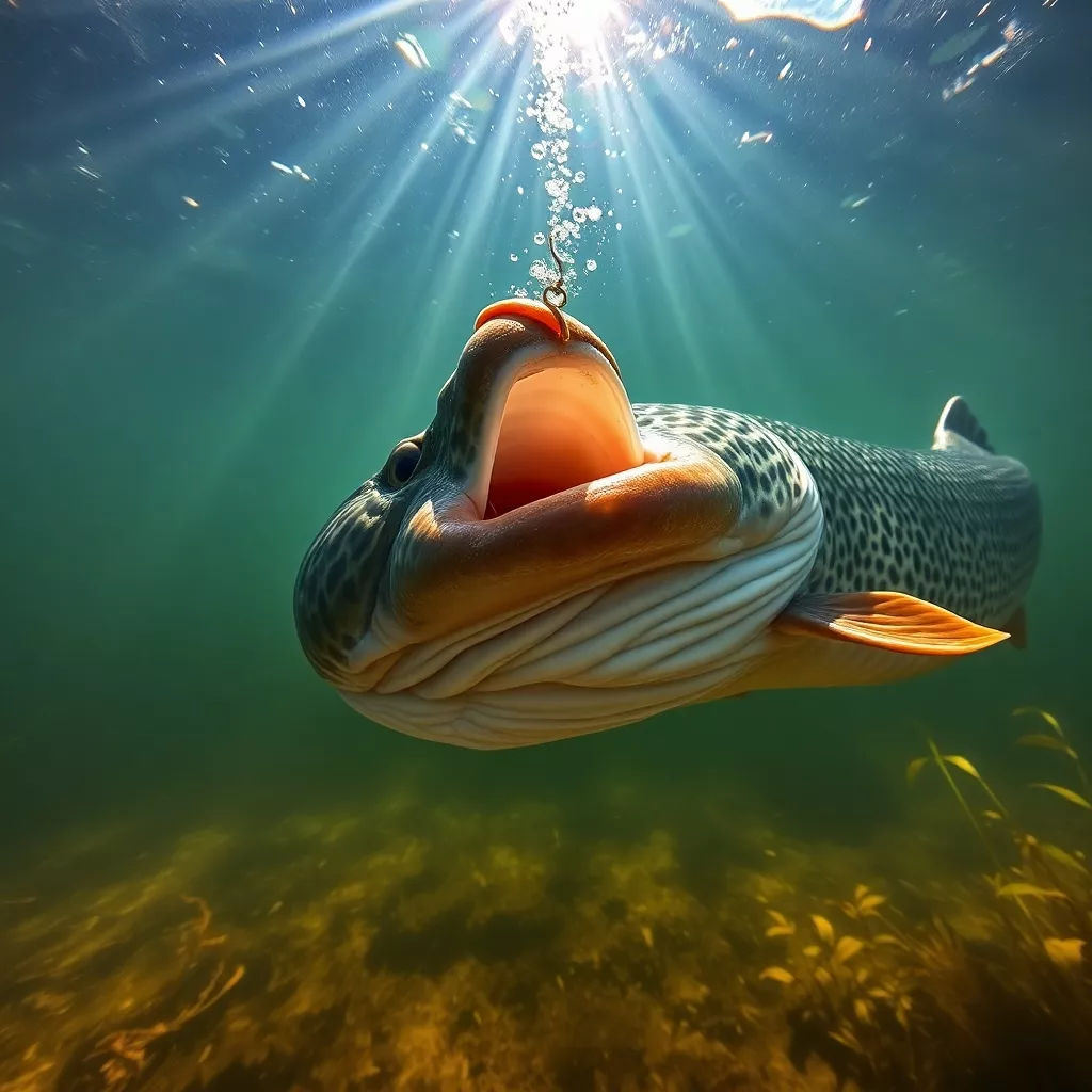 Hecht beisst an Haken an mit einem Wurm