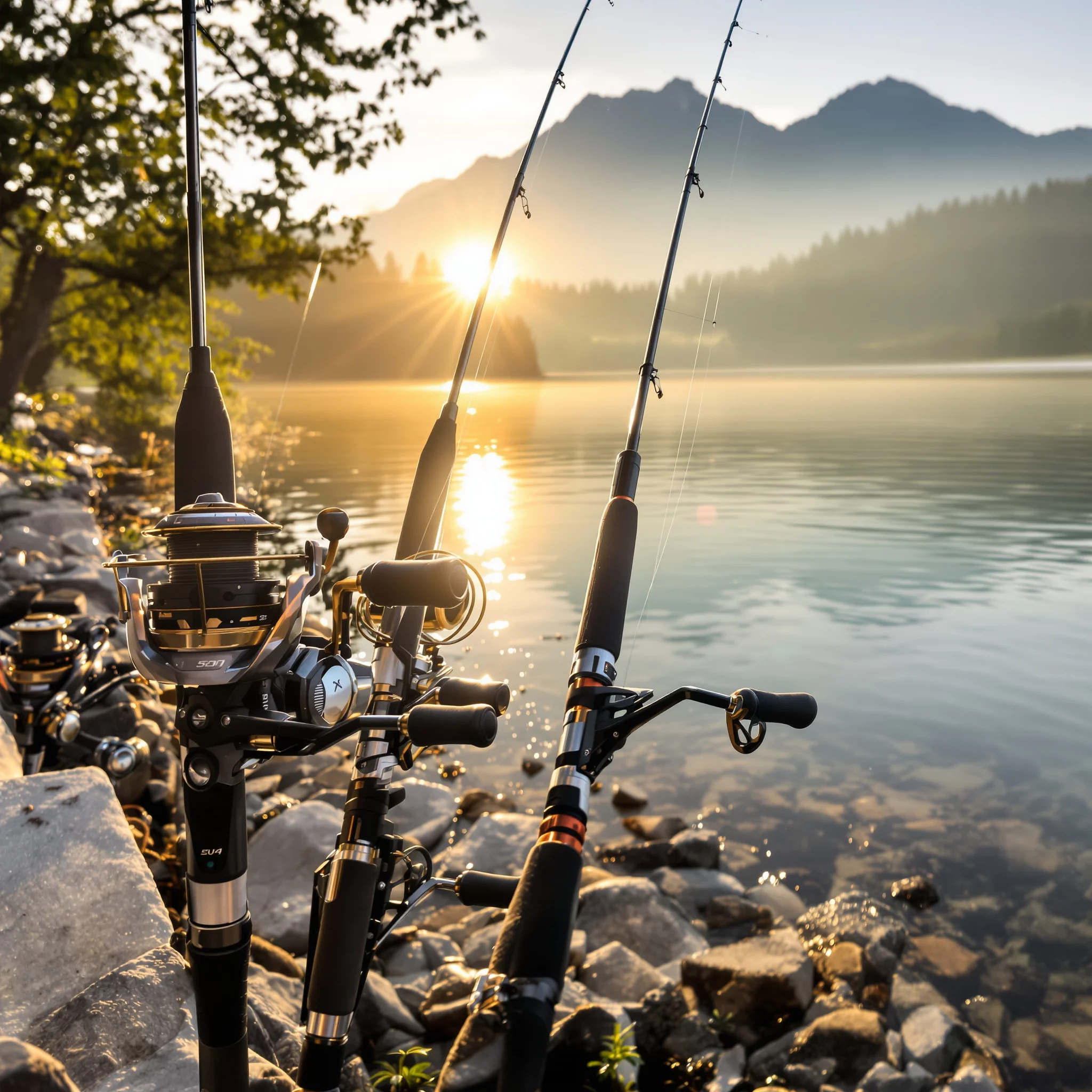 Hochtechnologische Angelrollen im Morgenlicht