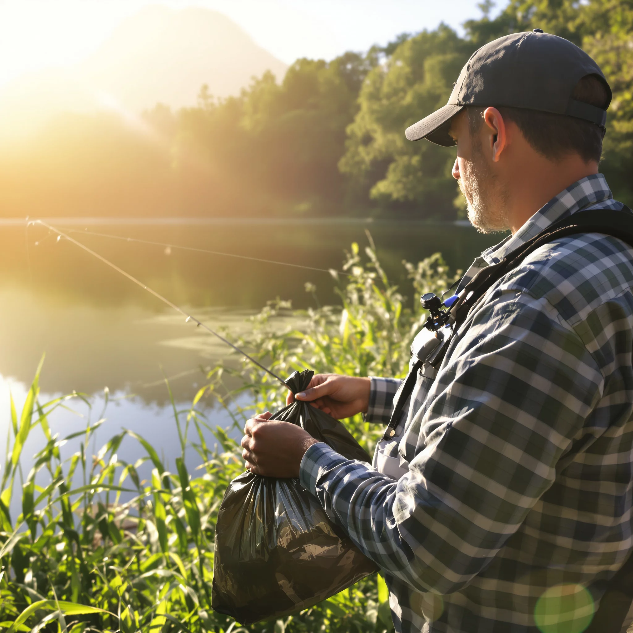 Nachhaltiges Angeln am grünen Seeufer