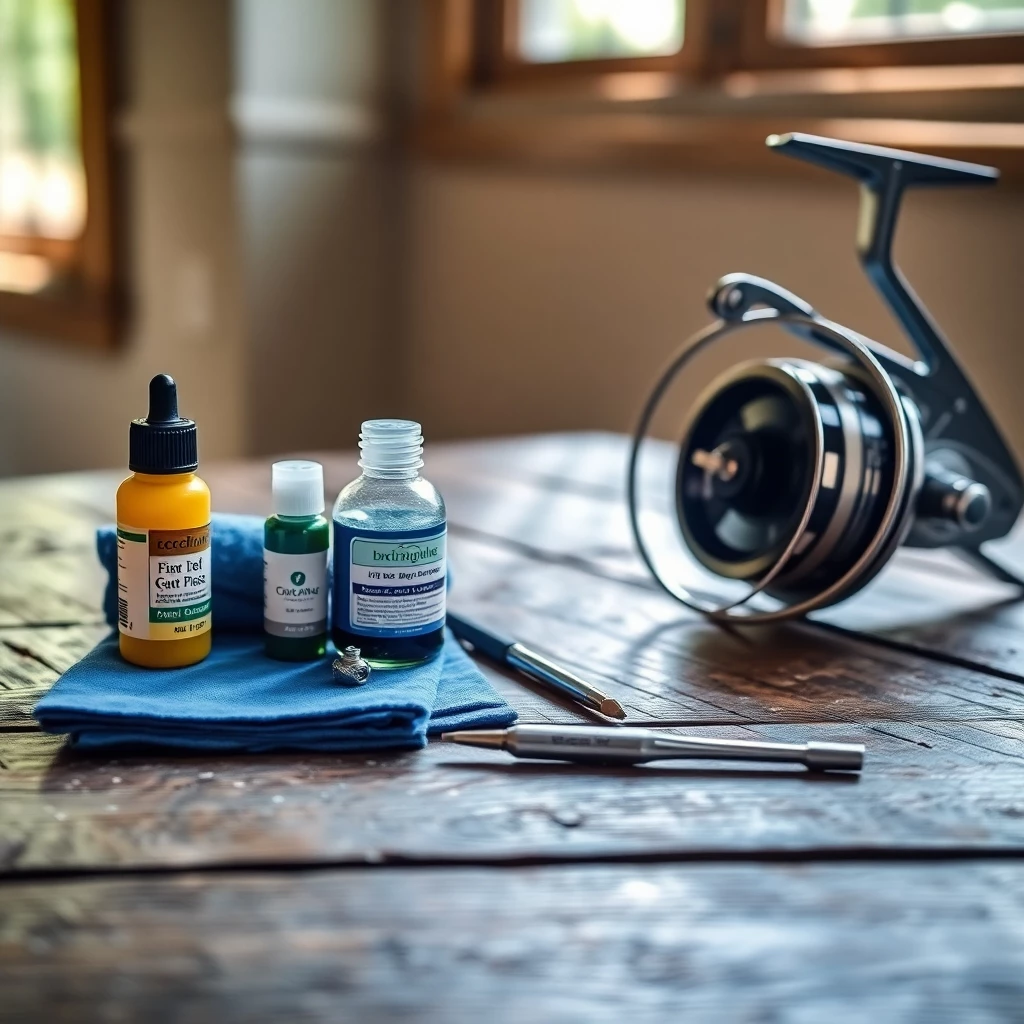 Pflegeprodukte f&uuml;r Angelrollen auf Holztisch