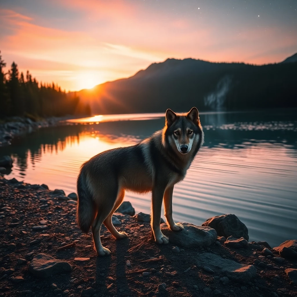 Wolf am See in Abenddämmerung