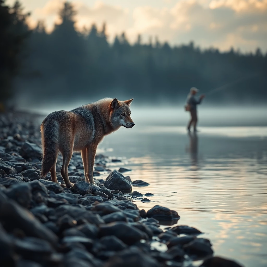 Wolf hinter einem Angler am Fluss