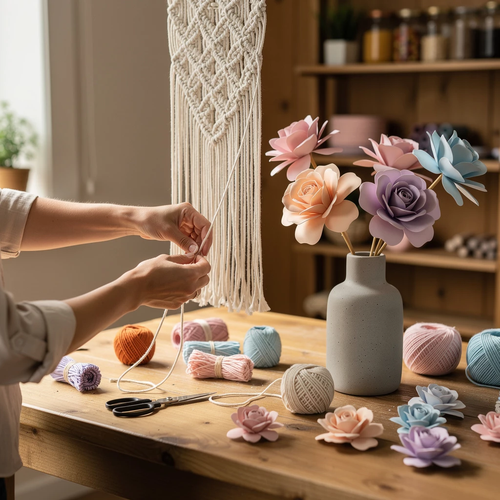 Kreativ starten – DIY mit Makramee-Wandhänger, Papierblumen & Betonvasen