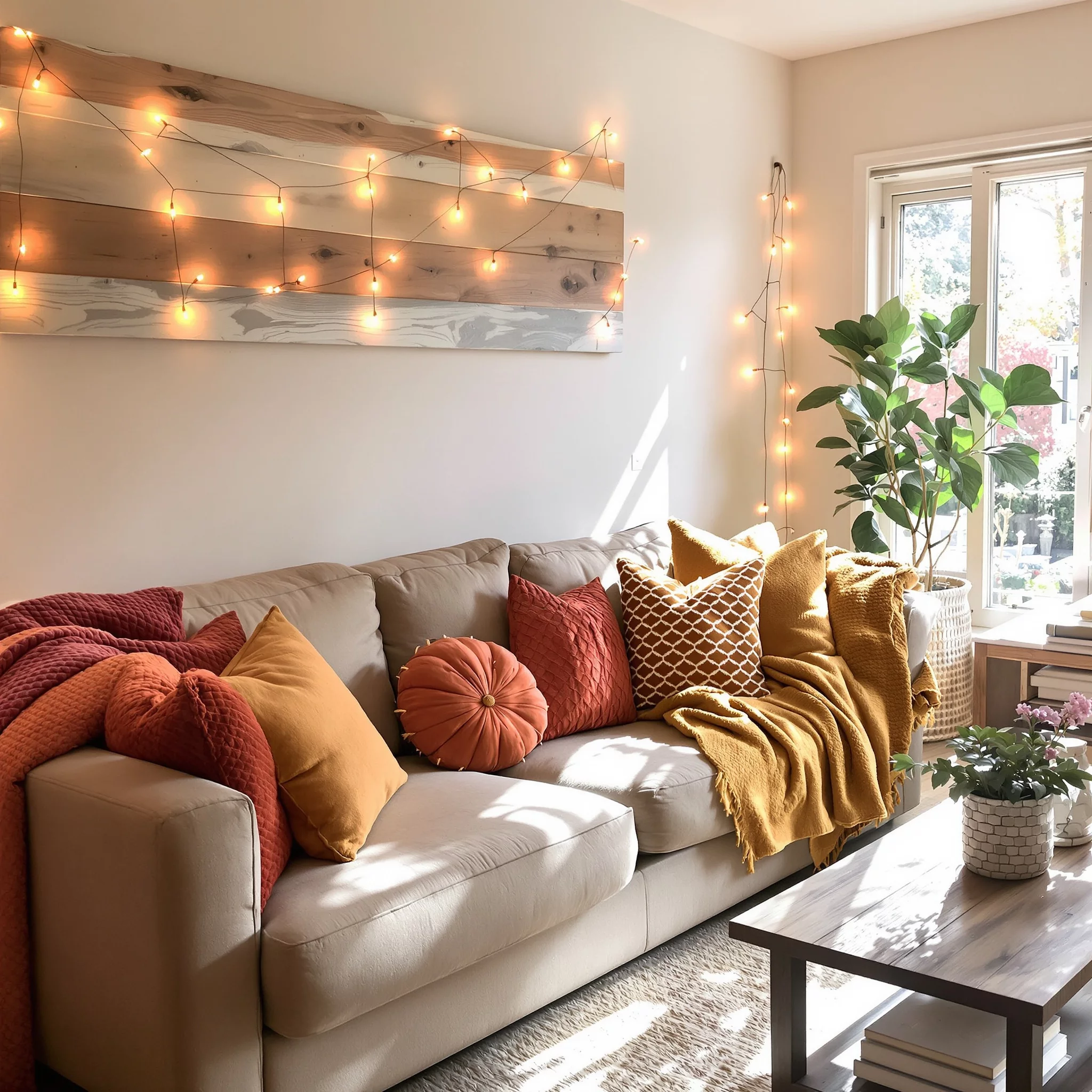 Mini Makeover - Wohnzimmer Herbstzauber: Farbtrends, Textilien & Lichterketten für wenig Geld