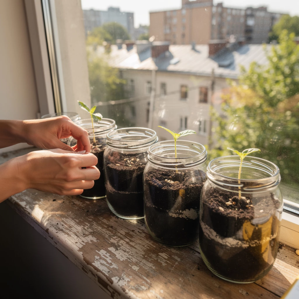 Fensterbank-Gärtnern – DIY mit Sprossengläsern, Anzuchtschalen & Grow-Licht.
