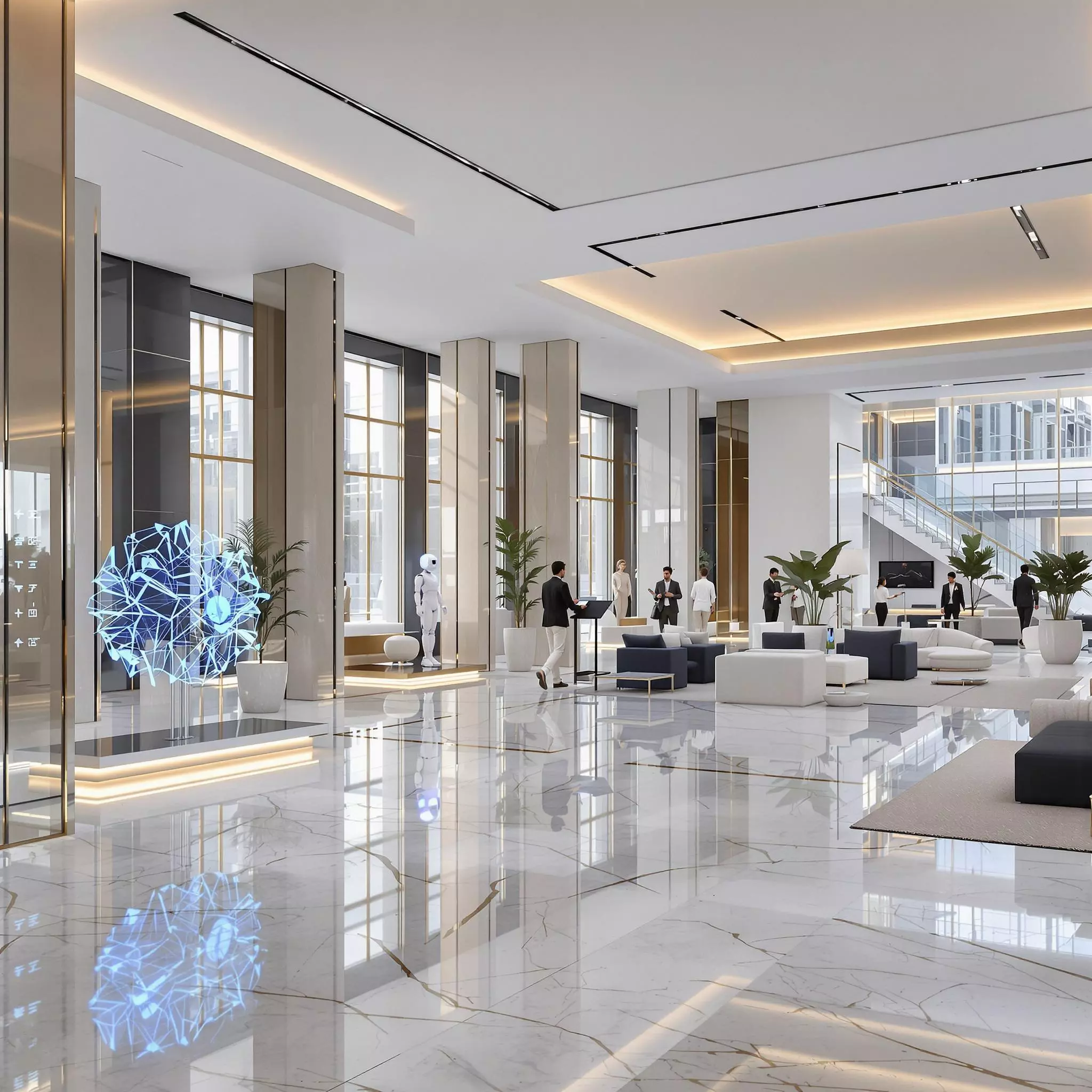 A futuristic hotel lobby with advanced AI technology seamlessly blending