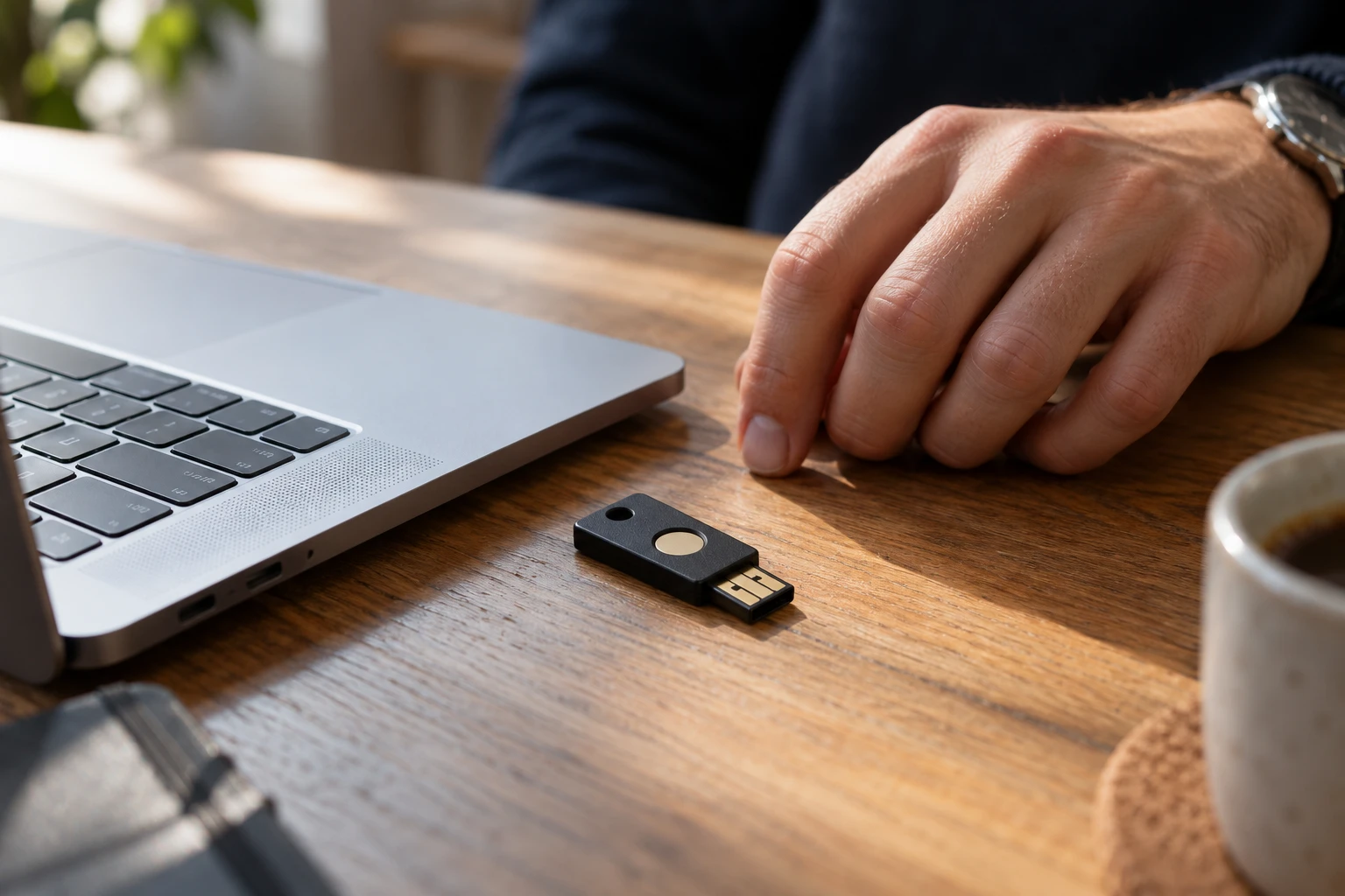 Ein Hardware-Sicherheitsschlüssel kann als zusätzlicher Anmeldefaktor dienen und wichtige Konten besser absichern. (KI-generiert)