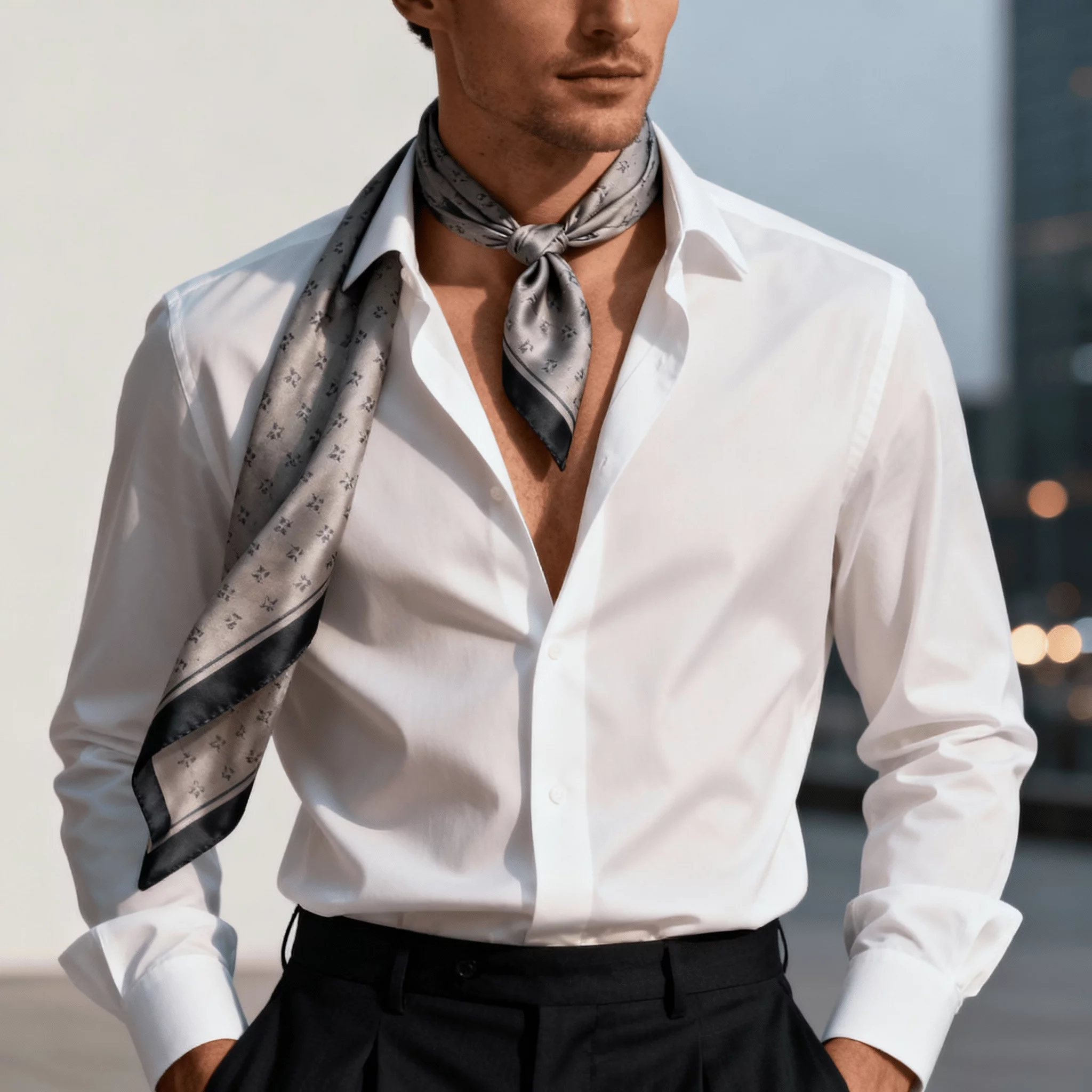 Der Krawattenschal schreit nach einem ausgefallenen Knoten. Schlichtere können gut mit einer Krawattenklammer in Szene gesetzt werden.