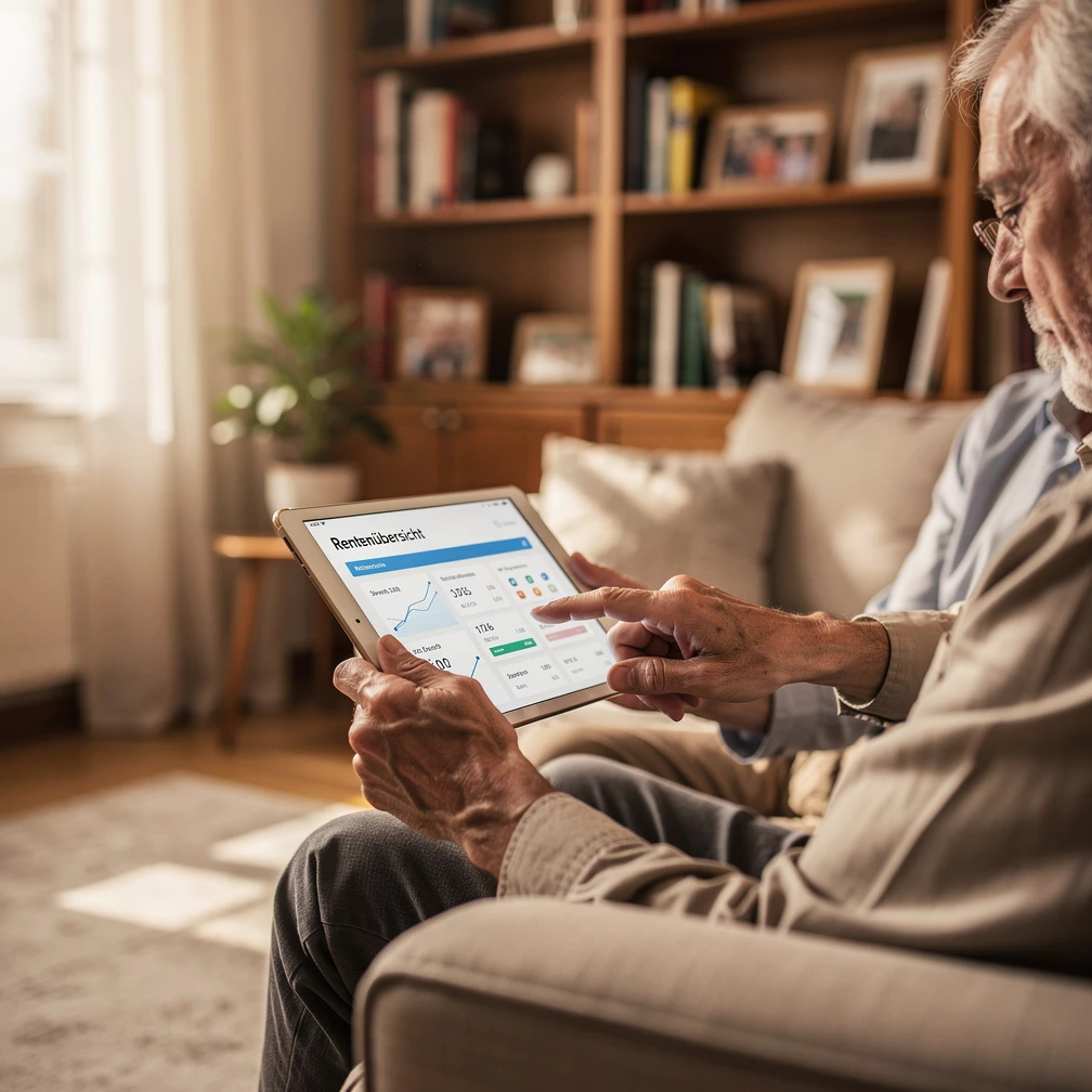 Älteres Paar prüft gemeinsam eine Rentenübersicht mit Tablet im Wohnzimmer