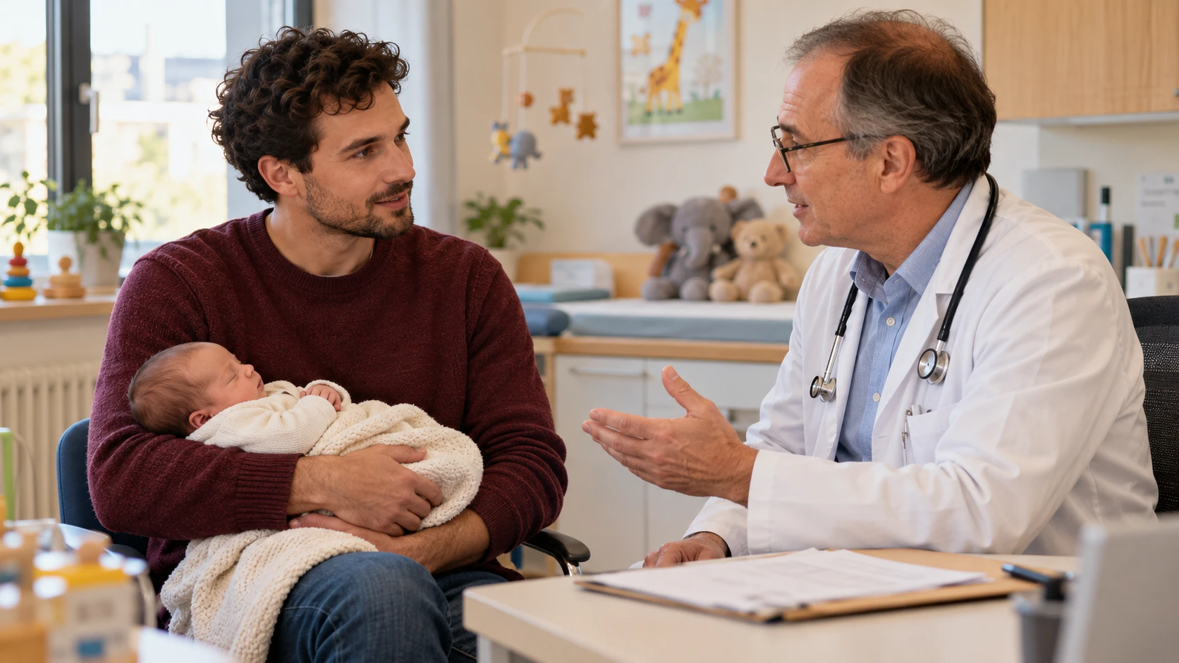 Ein Vater bespricht mit dem Kinderarzt die Vorsorge für sein Neugeborenes. (KI-generiert)