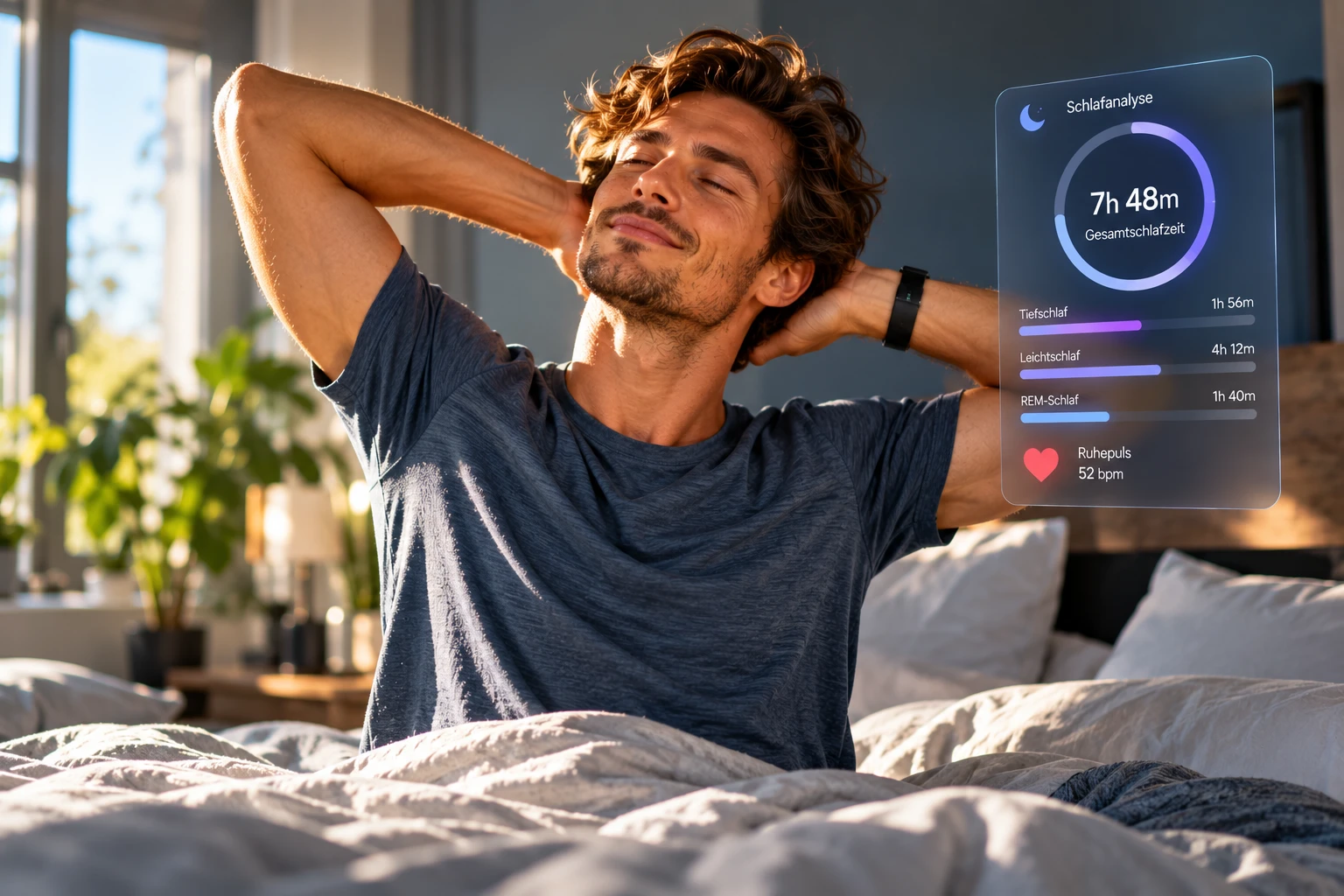 Guter Schlaf ist wichtig für Erholung und Leistungsfähigkeit – Wearables können dabei helfen, persönliche Schlaftrends zu erkennen. (KI-generiert)