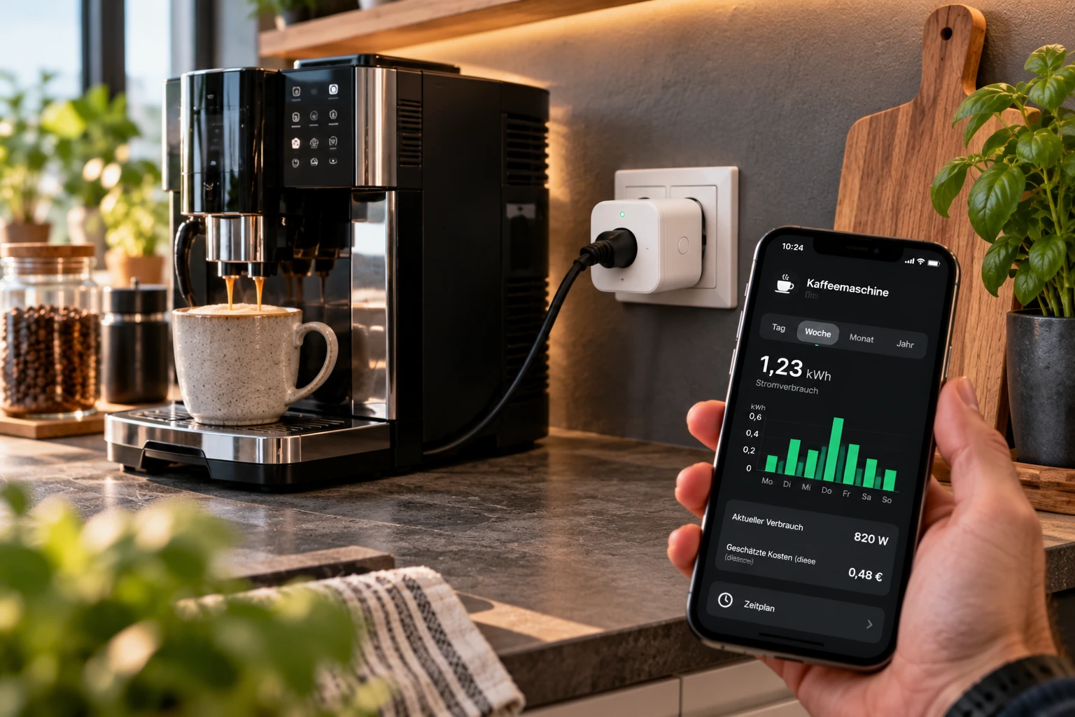 Wie viel Strom verbraucht ein Gerät wirklich? Smart Plugs mit Energiemessung machen Verbrauch und mögliche Stromkosten sichtbar. (KI-generiert)