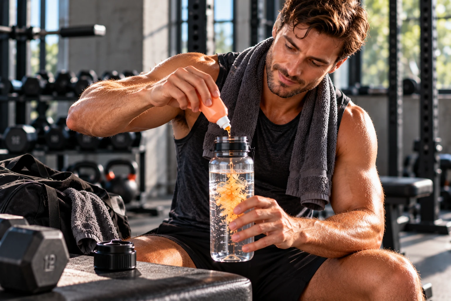 Kleine Squeeze-Flaschen sind besonders praktisch für Sporttasche und Gym, weil sie kaum Platz benötigen. (KI-generiert)