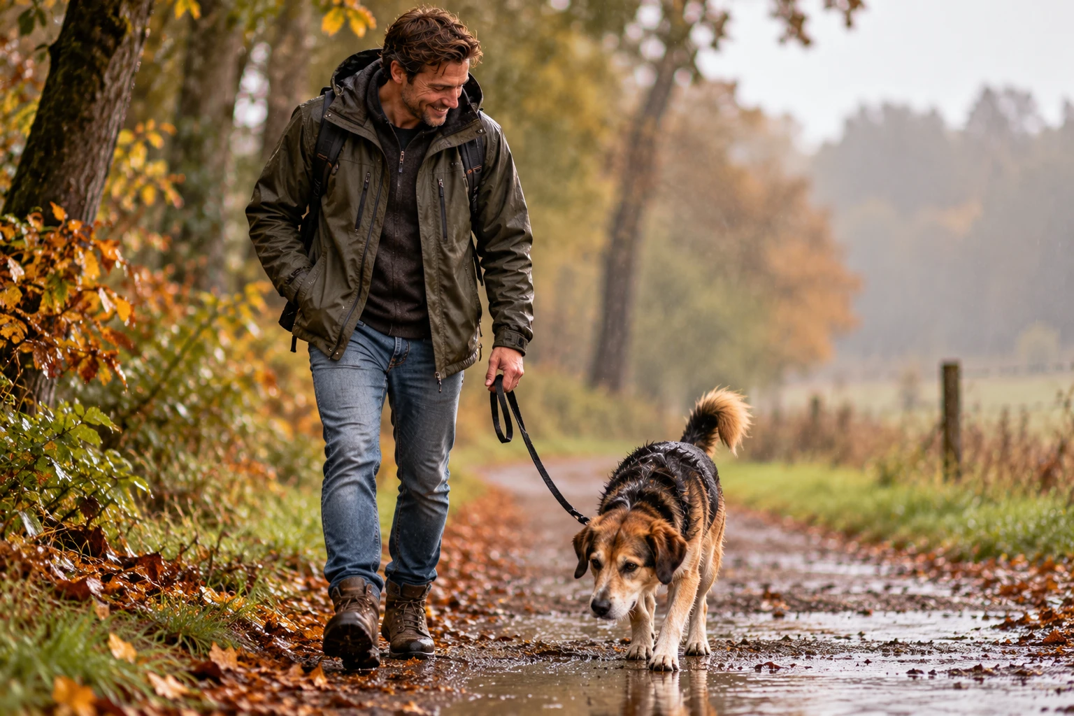 Gassirunde statt Ausschlafen: Ein Hund braucht dich bei Sonne, Regen und Schmuddelwetter – und zwar jeden einzelnen Tag. (KI-generiert)