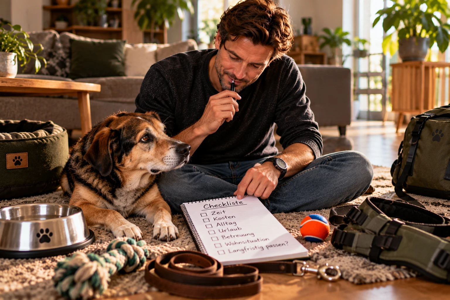 Zeit, Kosten, Urlaub, Betreuung und Wohnsituation: Ein ehrlicher Check vor der Anschaffung zeigt, ob ein Hund wirklich in dein Leben passt. (KI-generiert)