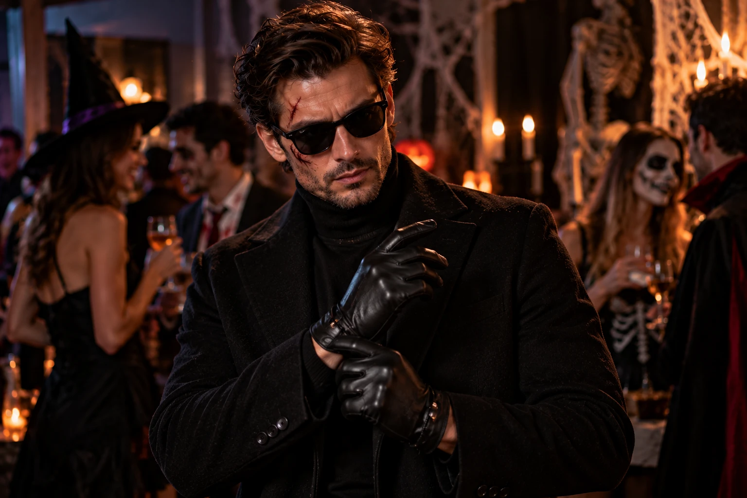 Schwarzer Rollkragen, Mantel, Sonnenbrille und Lederhandschuhe verwandeln ein alltagstaugliches Outfit in einen coolen Halloween-Look. (KI-generiert)