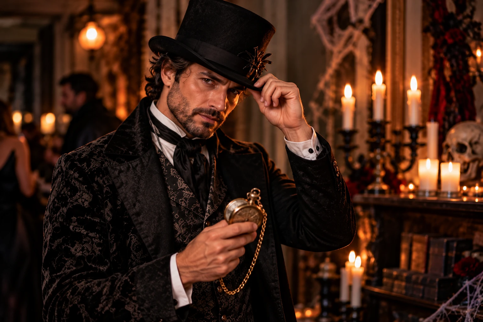 Zylinder, dunkler Anzug und Taschenuhr: Mit wenigen Accessoires entsteht ein eleganter Halloween-Look mit geheimnisvoller Vintage-Note. (KI-generiert)