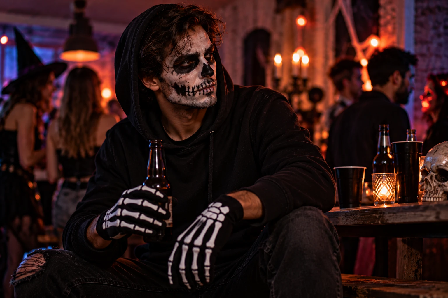 Hoodie, Jeans und Skelett-Handschuhe verbinden lässige Streetwear mit einem klassischen Halloween-Motiv – bequem und trotzdem unverkennbar. (KI-generiert)