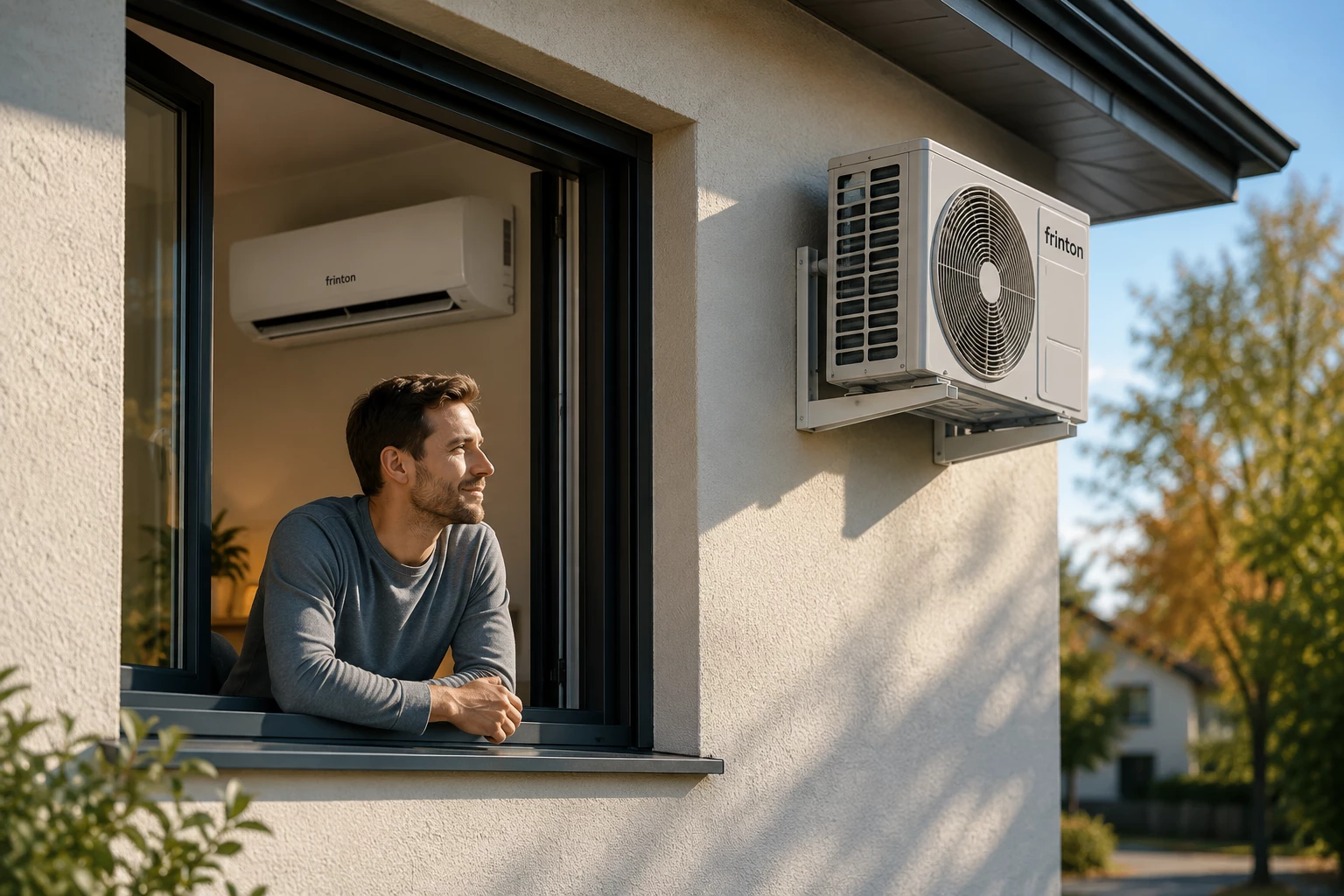 Das Außengerät einer Split-Klimaanlage gibt die entzogene Wärme nach draußen ab und sorgt im Inneren für angenehm kühle Räume – leise und energieeffizient. (KI-generiert)