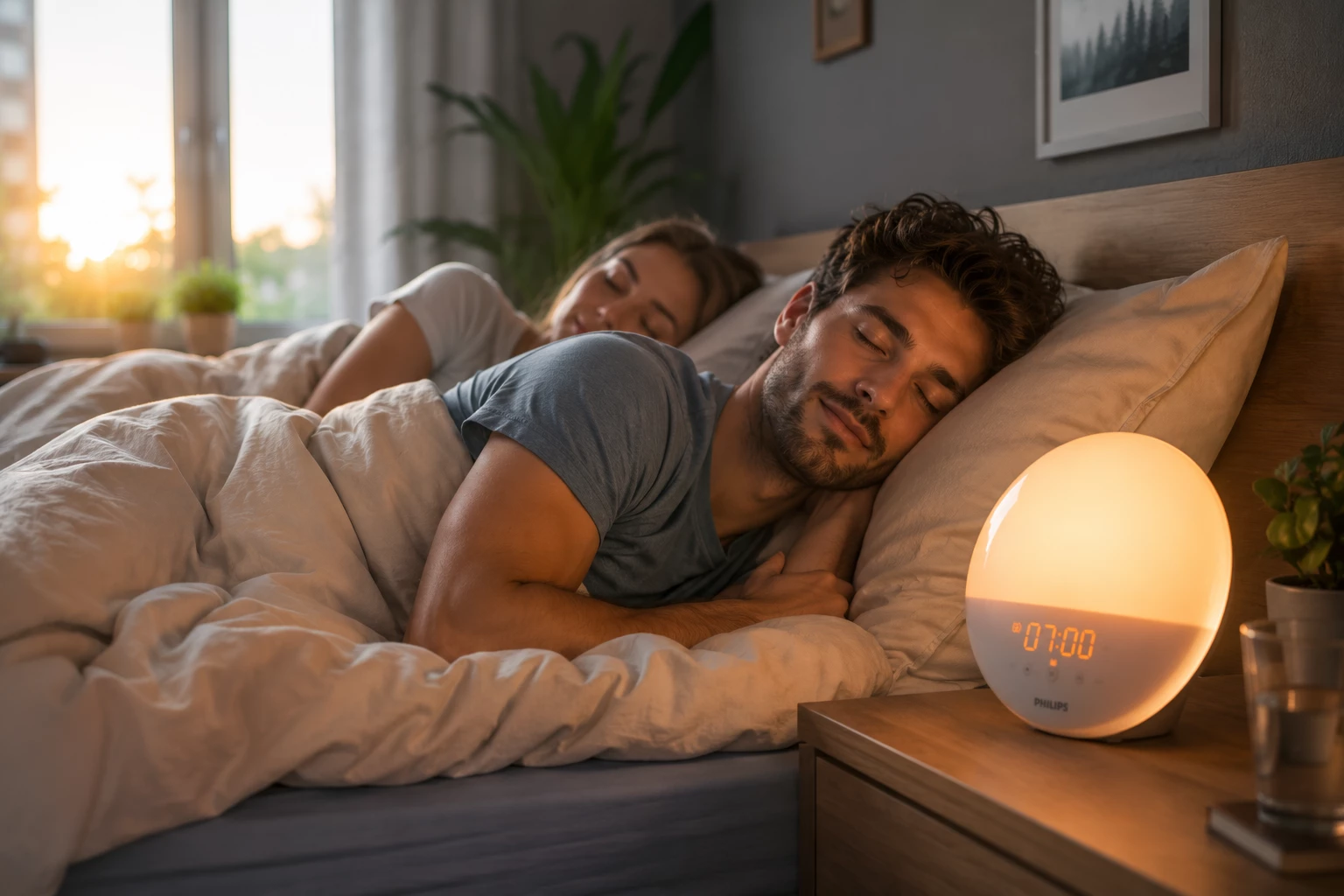 Sanft statt schrill: Ein Lichtwecker weckt mit langsam heller werdendem Licht und kann für einen entspannteren Start in den Tag sorgen. (KI-generiert)