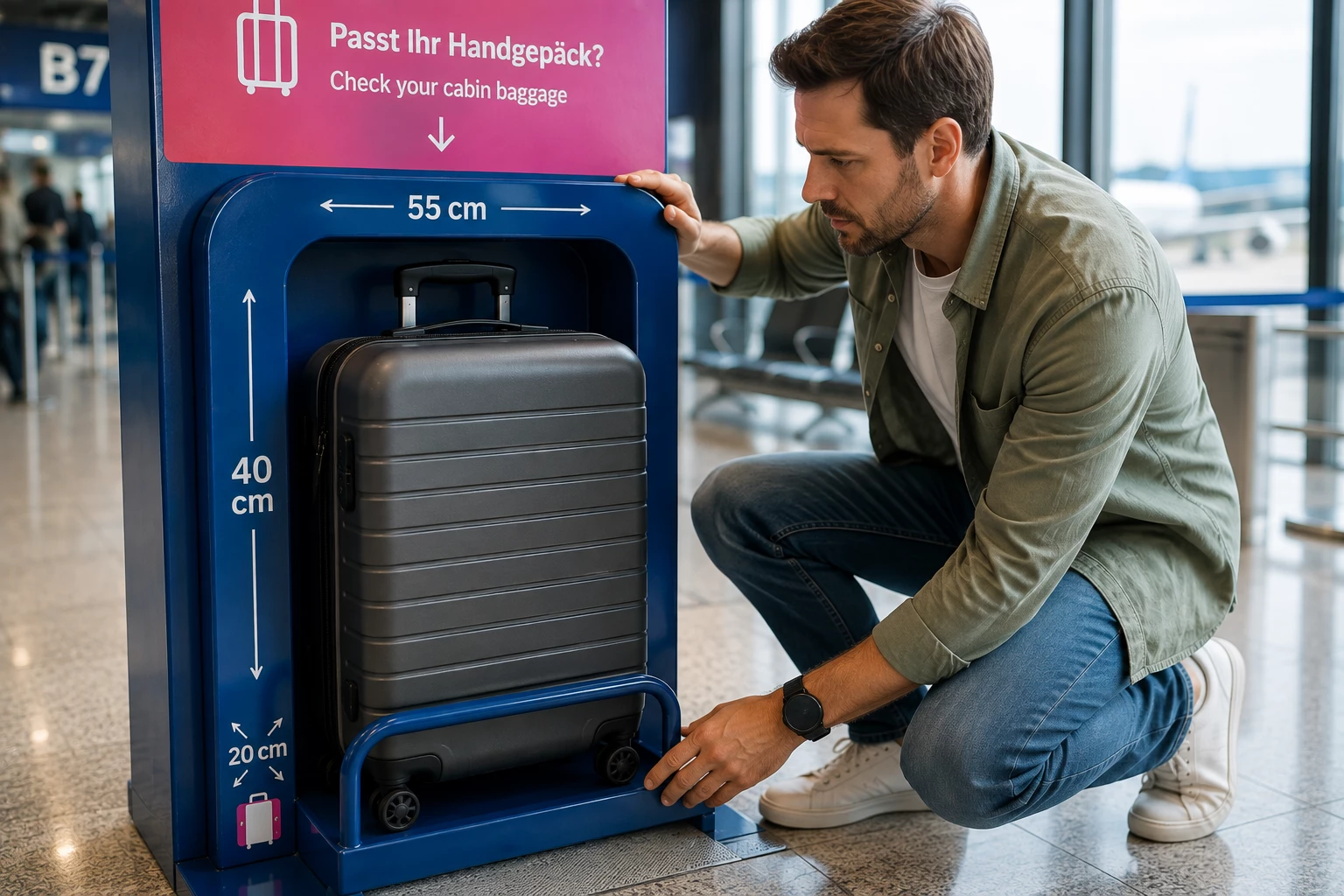 Passt der Trolley wirklich? Der Reisende prüft sein Kabinengepäck direkt im Messrahmen am Flughafen – entscheidend sind die jeweils erlaubten Maße. (KI-generiert)