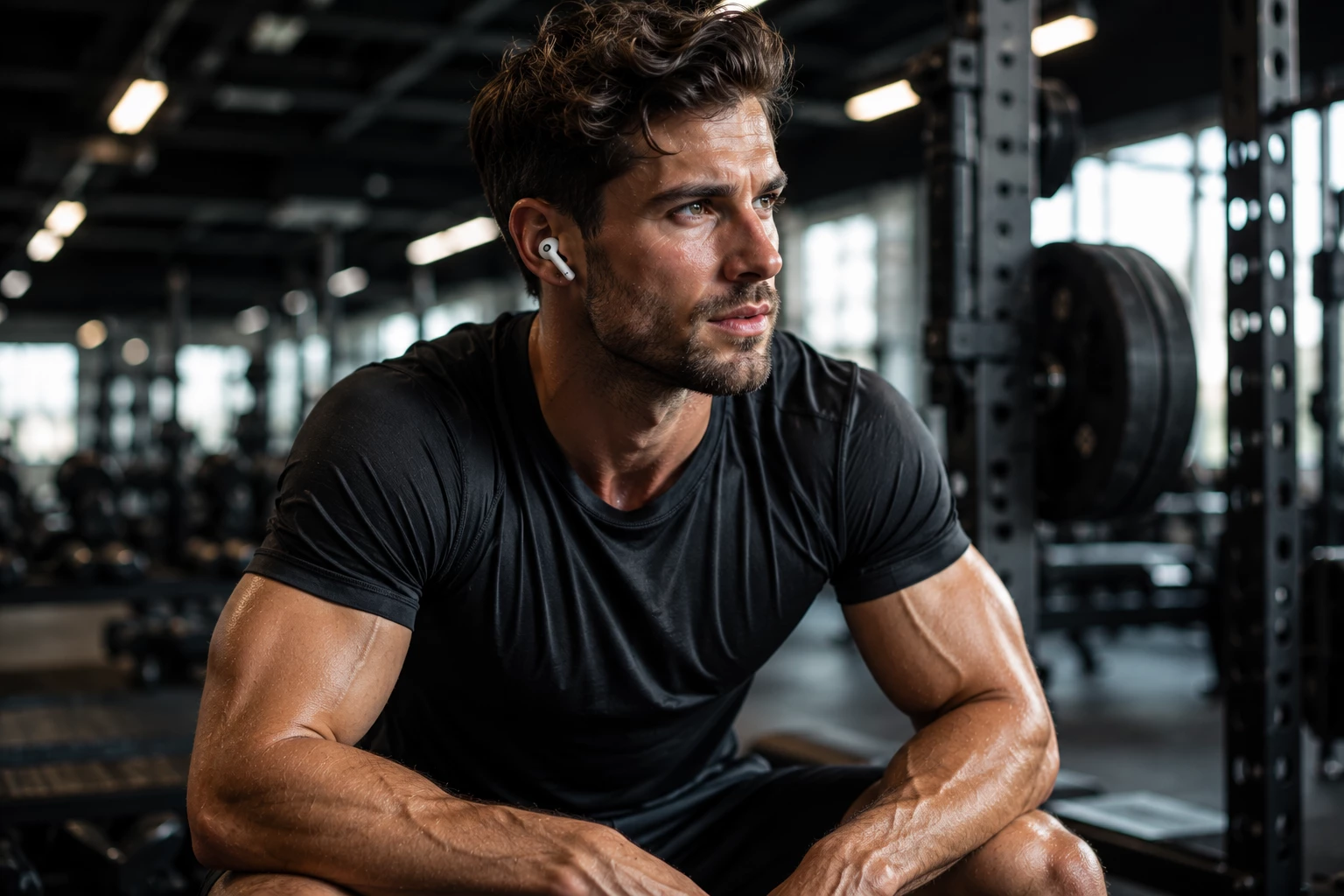 Ob beim Krafttraining oder auf dem Laufband: Viele Sportler setzen auf In-Ear-Kopfhörer, um sich besser zu fokussieren und motiviert zu bleiben. (KI-generiert)