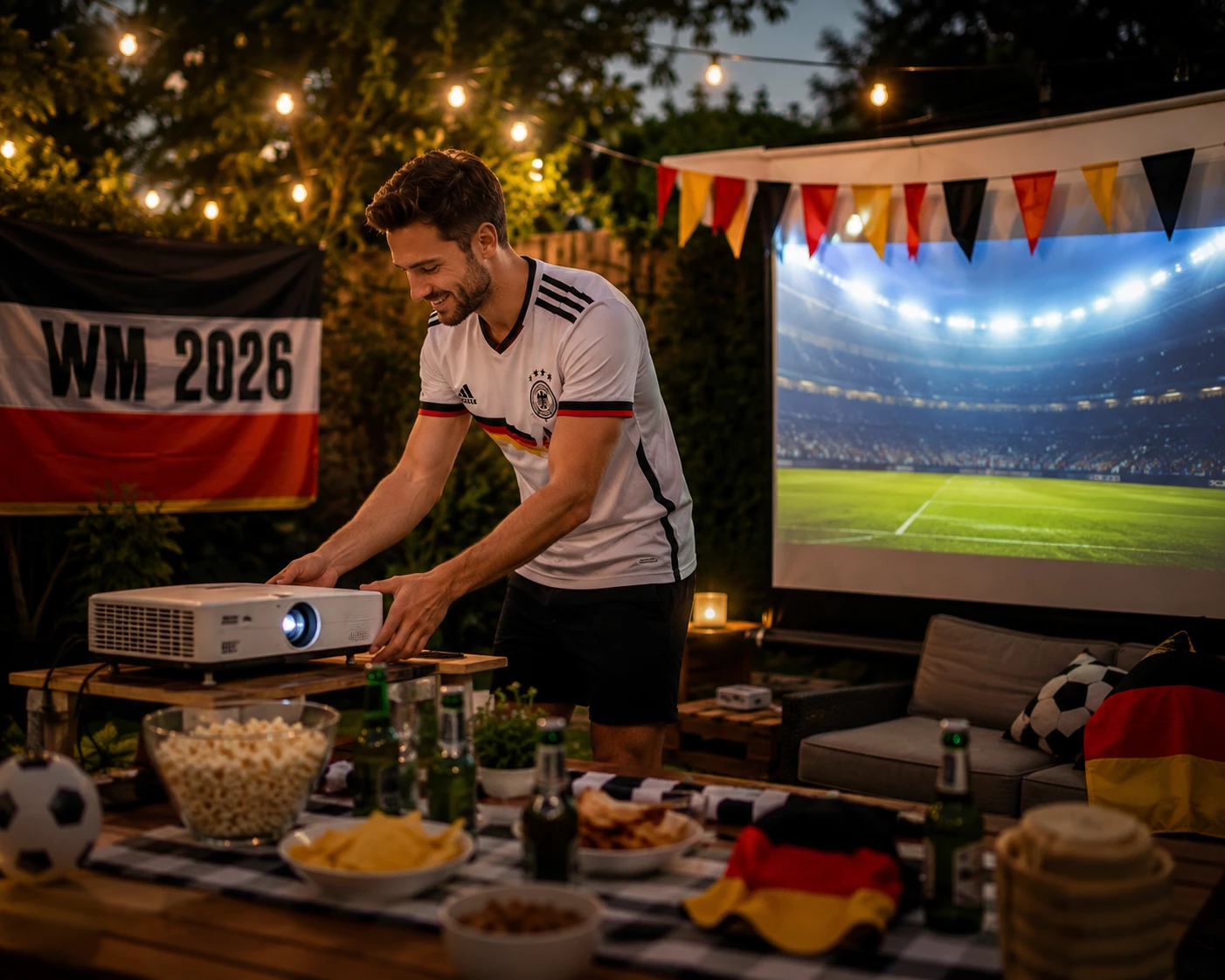 Sommerabend, Freunde und Fußball auf großer Leinwand – besser wird ein WM-Abend nicht. (KI-generiert)