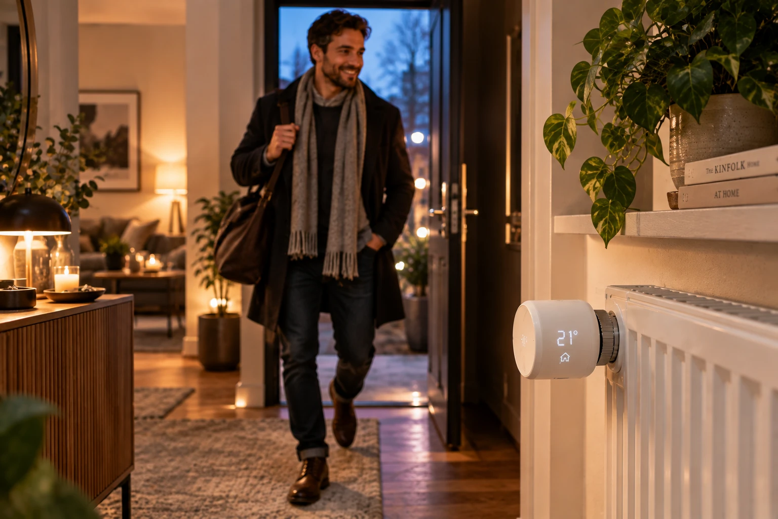 Nach Hause kommen und die Wohnung ist bereits angenehm temperiert: Smarte Thermostate können rechtzeitig aufheizen, ohne dass die Räume dafür den gesamten Tag warm gehalten werden müssen. (KI-generiert)