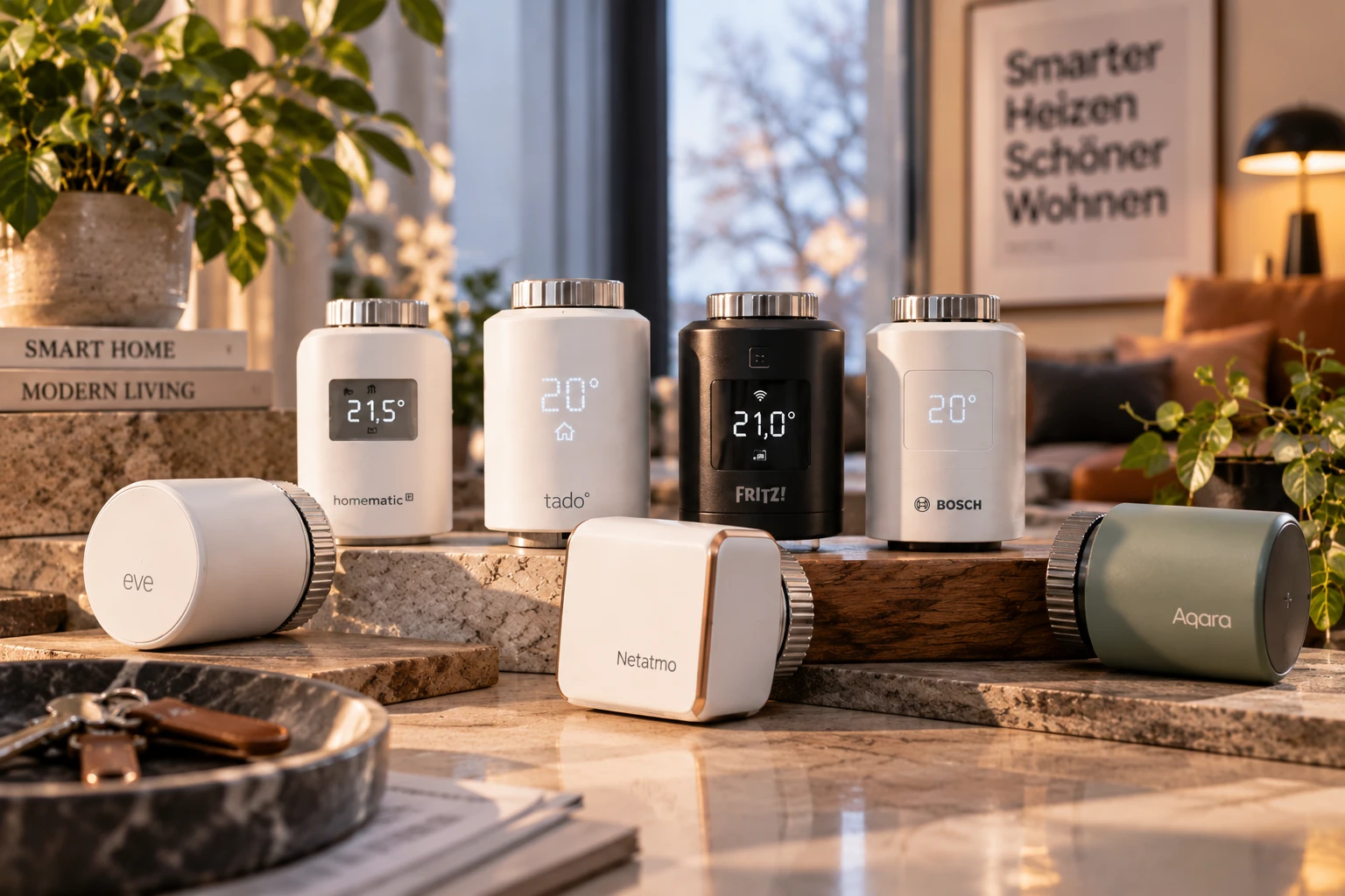tado°, FRITZ!, Bosch, Homematic IP, Eve, Netatmo oder Aqara: Beim Vergleich smarter Heizkörperthermostate zählen nicht nur Funktionen und Preis, sondern vor allem Funkstandard, benötigte Zentrale und das bereits vorhandene Smart-Home-System. (KI-generiert)
