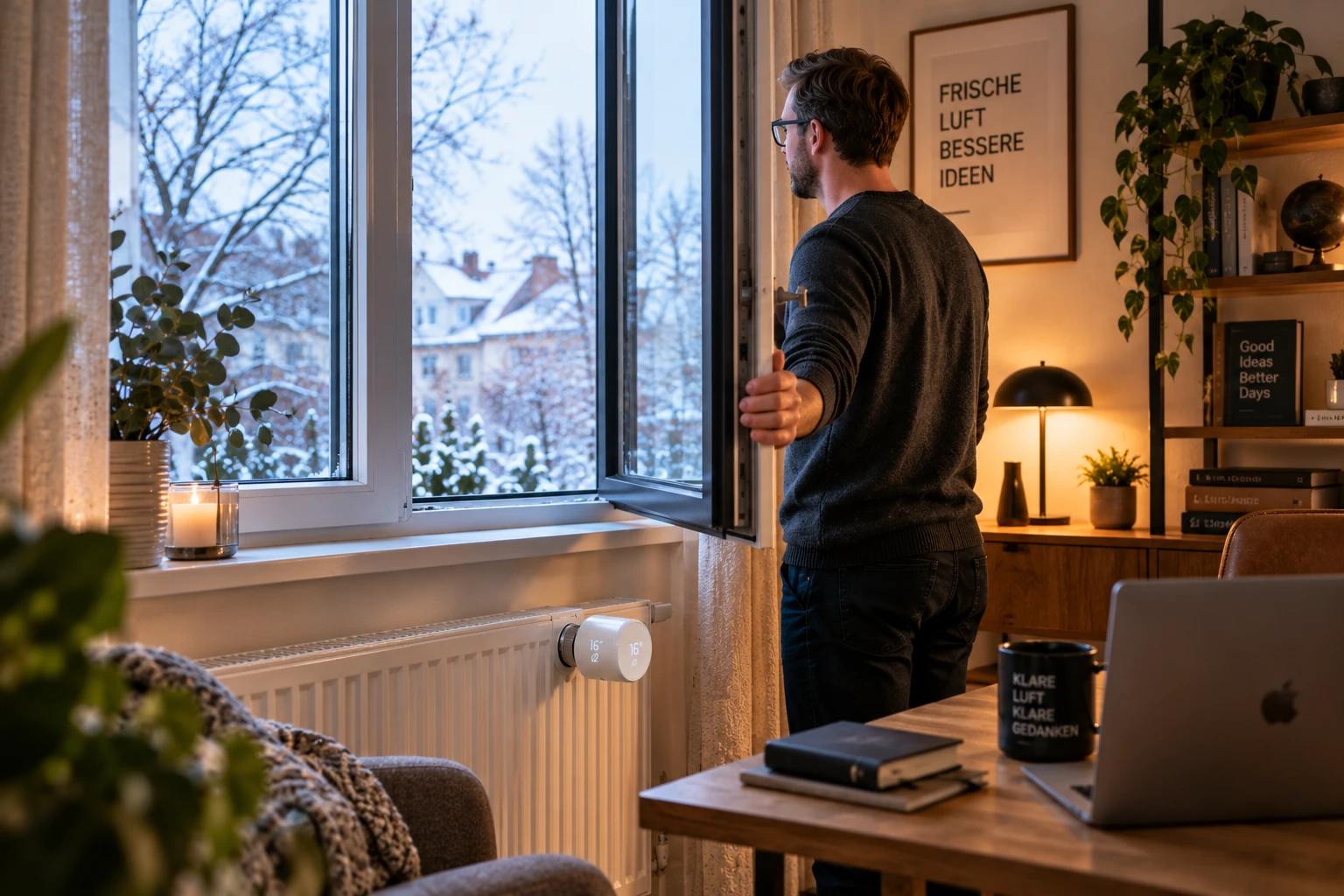 Frische Luft ohne unnötigen Wärmeverlust: Beim Stoßlüften sollte die Heizung herunterregeln, damit der Heizkörper nicht gegen die kalte Außenluft arbeitet. (KI-generiert)