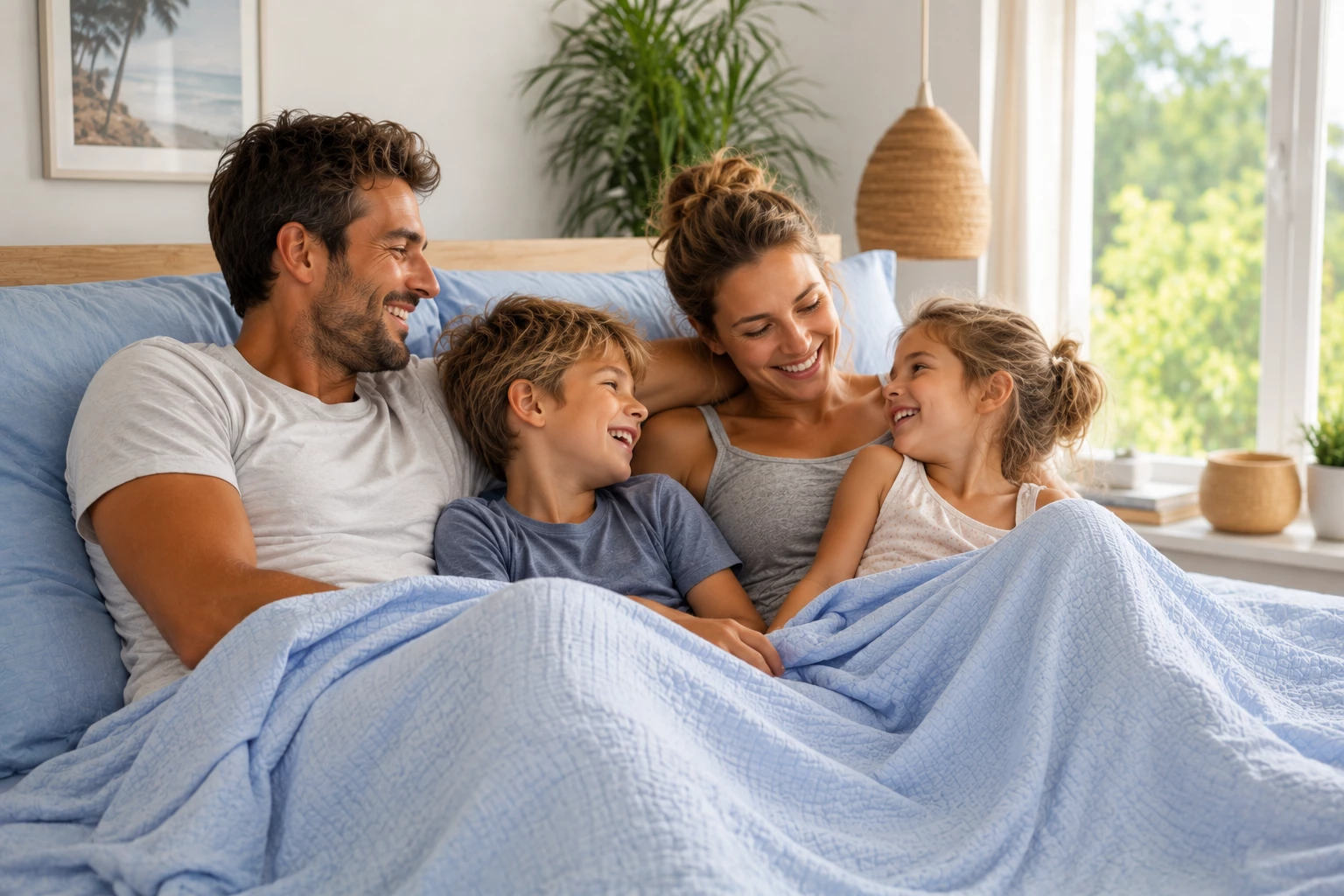 Auch im Sommer muss Gemütlichkeit nicht zu kurz kommen: Mit leichten Decken und atmungsaktiven Materialien steht einem entspannten Familienmorgen nichts im Weg. (KI-generiert)