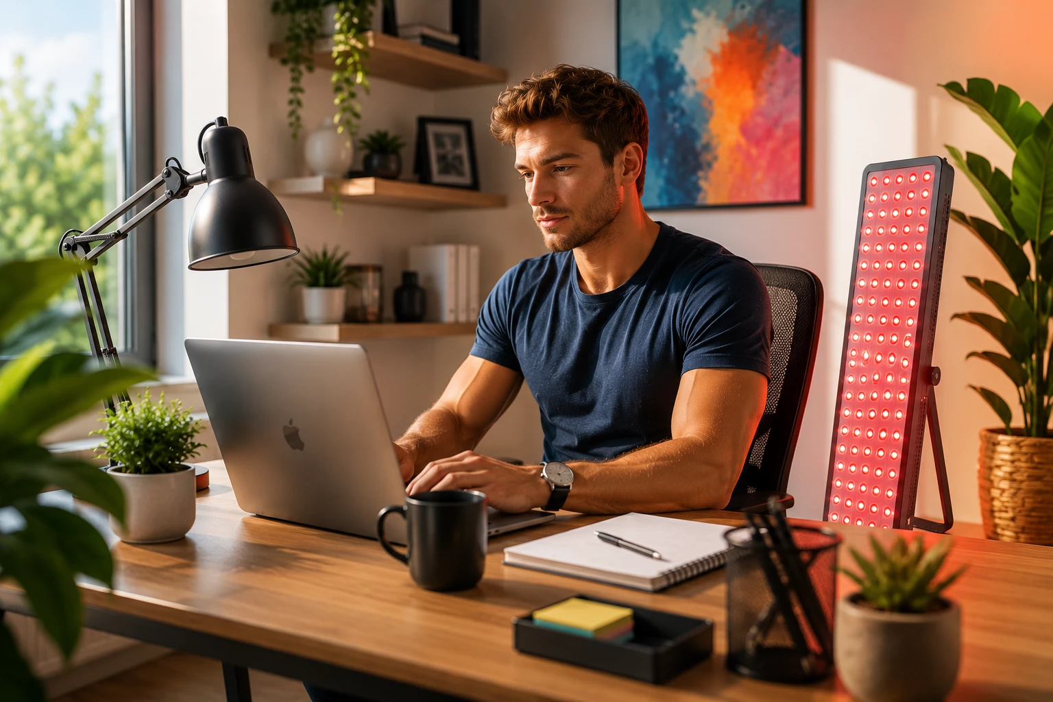 Vom Fitnessstudio bis ins Homeoffice: Rotlichttherapie entwickelt sich zunehmend zum modernen Lifestyle- und Wellness-Trend. (KI-generiert)