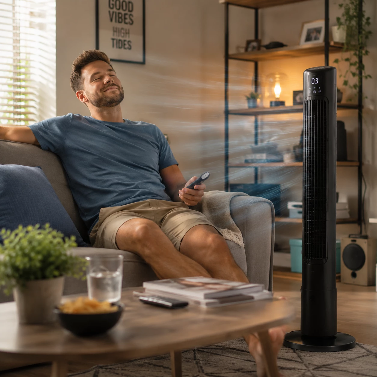 Wenn die Temperaturen steigen, sorgt ein moderner Turmventilator für angenehme Abkühlung und mehr Komfort im Wohnzimmer. (KI-generiert)