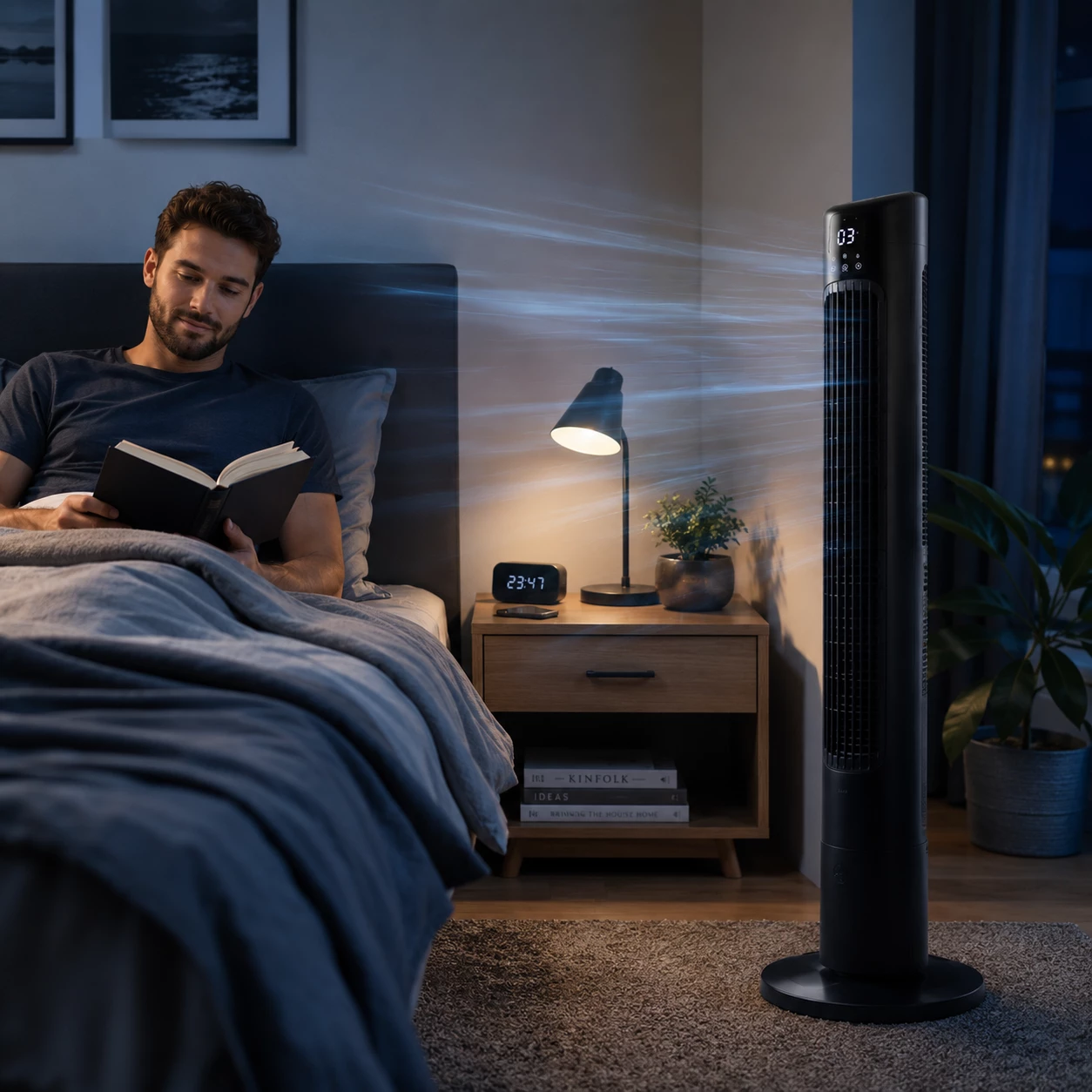 Auch in warmen Sommernächten kann ein leiser Ventilator für ein angenehmeres Schlafklima sorgen. (KI-generiert)