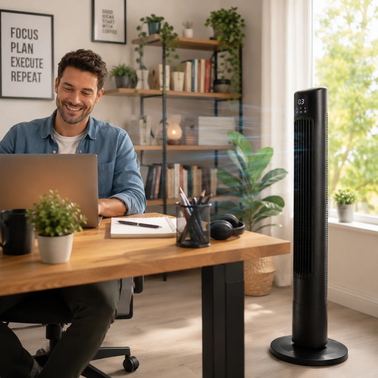 Cool bleiben trotz Hitzewelle: Ein leistungsstarker Ventilator kann konzentriertes Arbeiten im Homeoffice deutlich angenehmer machen. (KI-generiert)