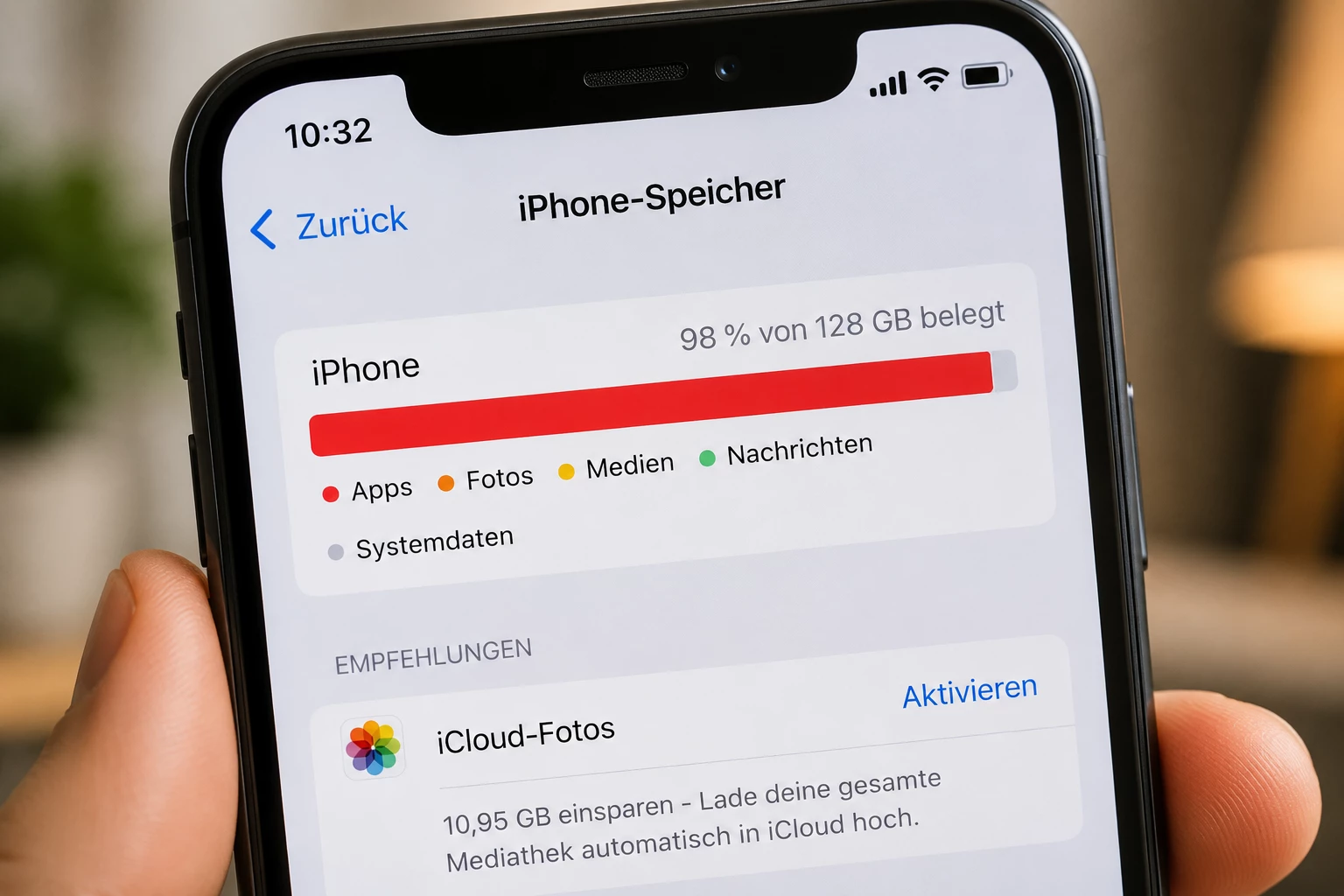 Speicherwarnung zur falschen Zeit? Meist musst du nicht an deine wichtigsten Fotos ran – zahlreiche andere Dateien eignen sich besser zum Aufräumen. (KI-generiert)