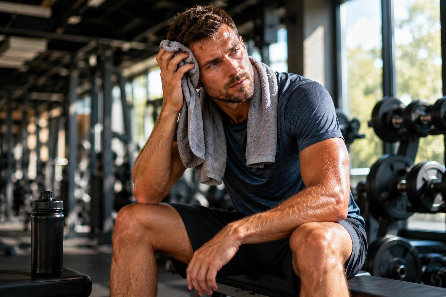  Im Fitnessstudio lässt sich auch bei Sommerhitze effektiv trainieren. Ausreichende Trinkpausen und längere Erholungszeiten verbessern die Regeneration. (KI-generiert)