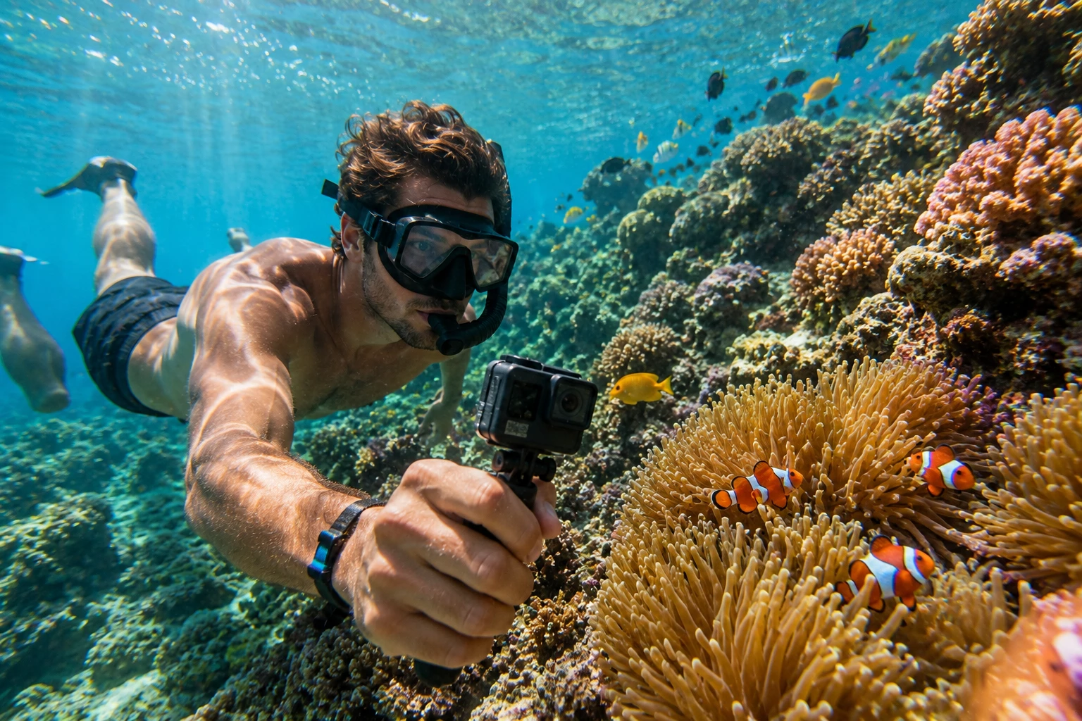Beim Schnorcheln filmt ein Urlauber mit einer Action-Cam farbenfrohe Korallen und tropische Fische – wasserdichte Modelle eignen sich ideal für Unterwasserabenteuer. (KI-generiert)