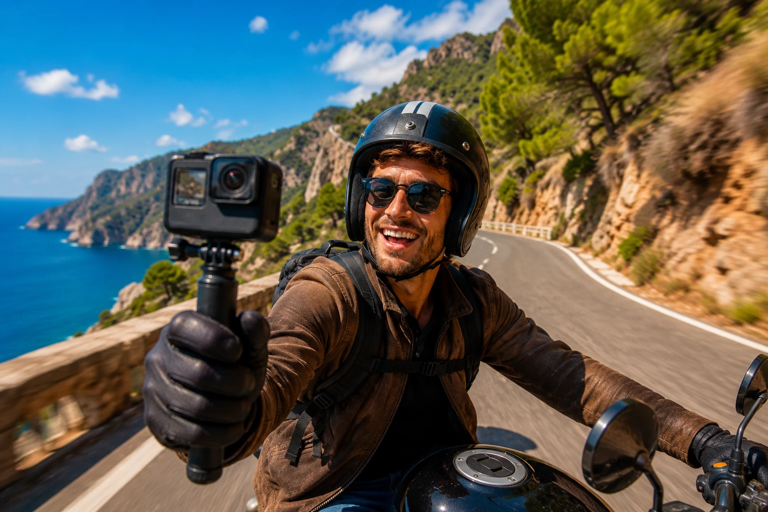 Auf einer kurvenreichen Küstenstraße zeichnet ein Motorradfahrer seine Tour mit einer Action-Cam auf und hält spektakuläre Landschaften aus der Fahrerperspektive fest. (KI-generiert)