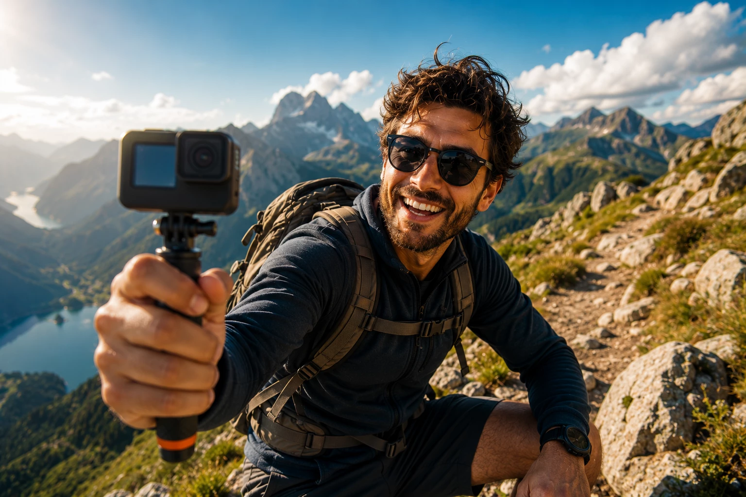 Ein Wanderer dokumentiert seine Bergtour mit einer Action-Cam und filmt beeindruckende Panoramen aus der Ich-Perspektive. (KI-generiert)