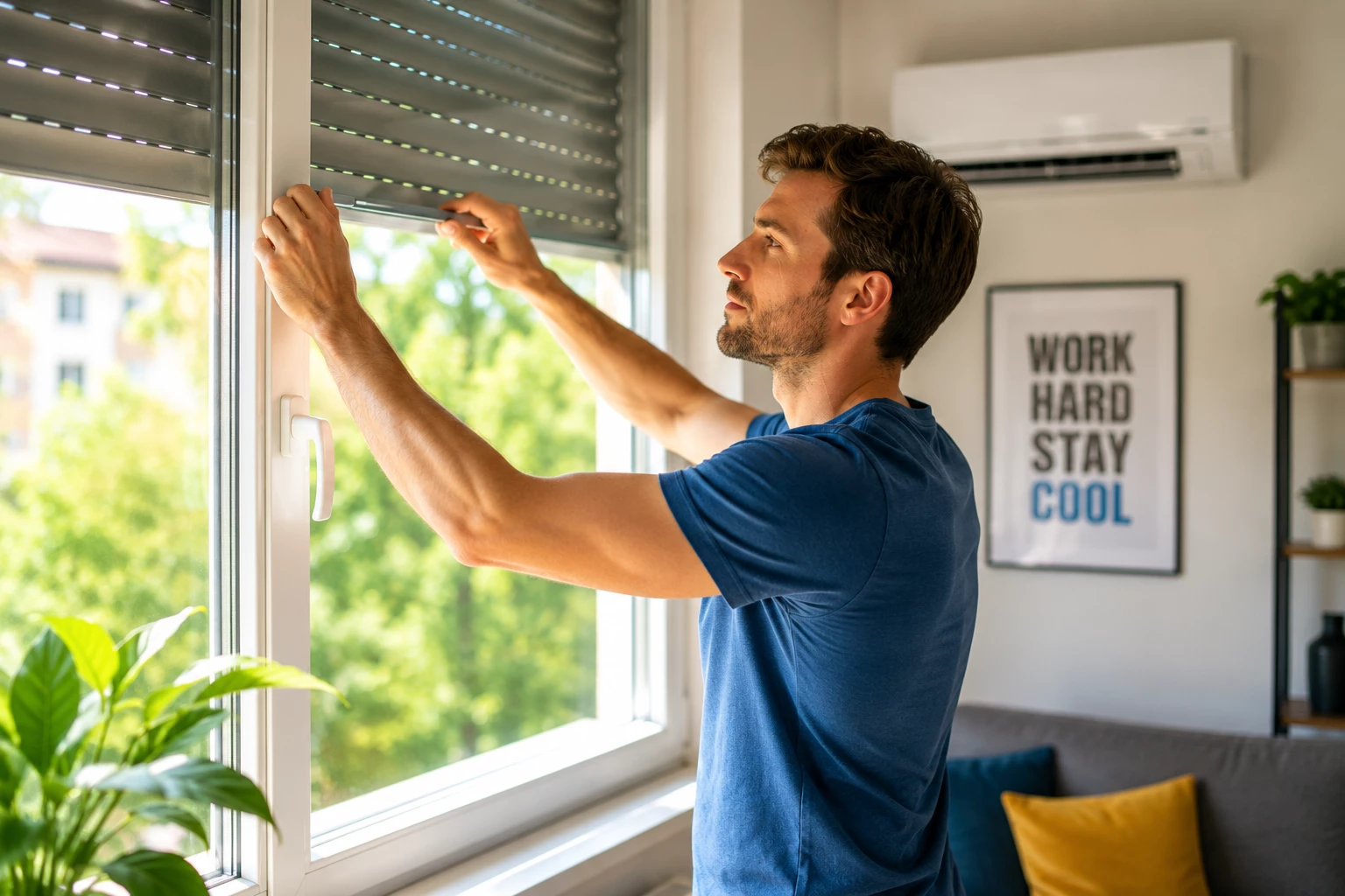 Geschlossene Rollläden halten die Hitze draußen und entlasten die Klimaanlage. Dadurch bleibt die Wohnung länger kühl und der Stromverbrauch sinkt. (KI generiert)
