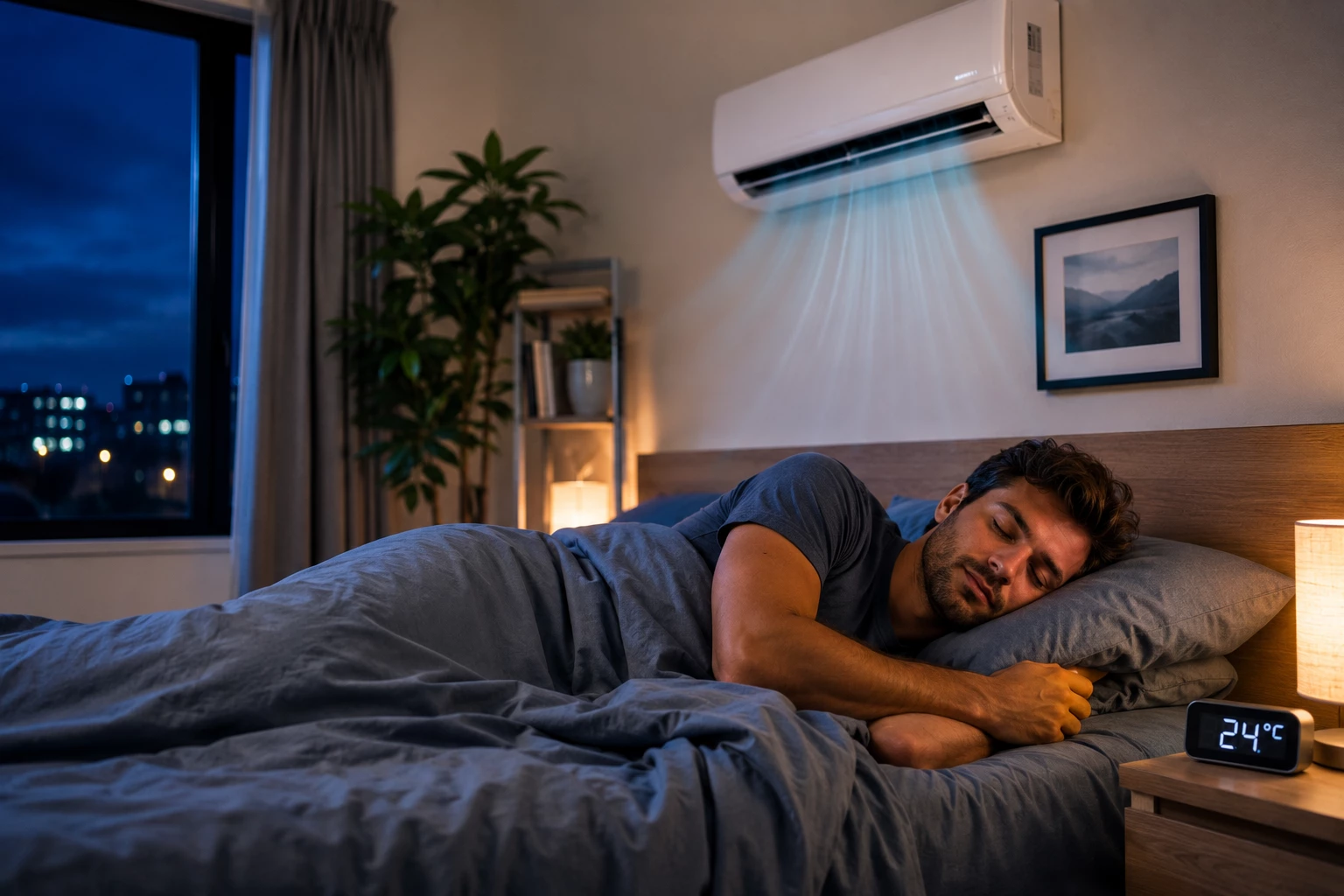 Für erholsamen Schlaf reichen meist 24 bis 26 Grad Raumtemperatur. So bleibt das Schlafzimmer angenehm kühl, ohne dass die Klimaanlage unnötig viel Strom verbraucht. (KI generiert)