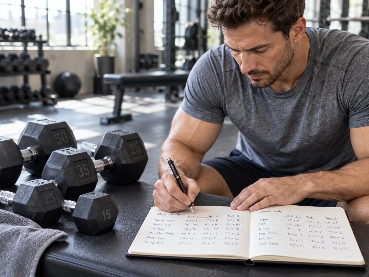 Ein Trainingslog macht Fortschritte messbar – und zeigt, ob mehr Gewicht oder mehr Wiederholungen tatsächlich zum Ziel führen. (KI-generiert)