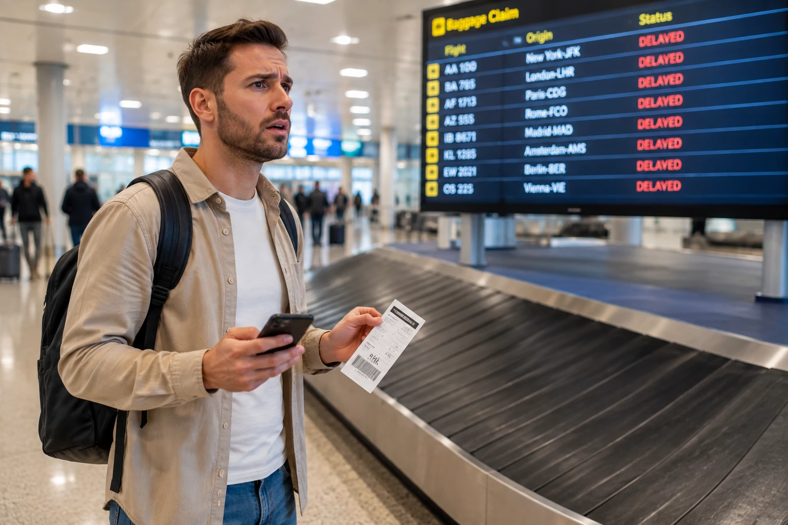 Der Koffer bleibt verschwunden: Wer am leeren Gepäckband wartet, sollte den Verlust möglichst noch am Flughafen melden und wichtige Nachweise sichern. (KI-generiert)