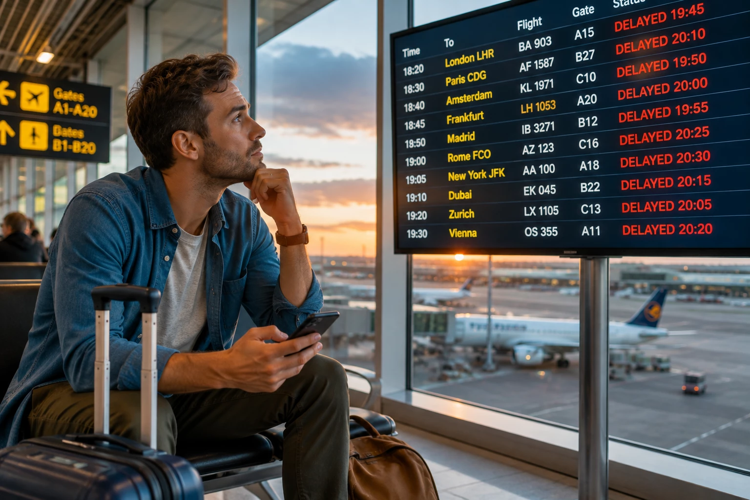 Warten statt Abheben: Bei einer deutlichen Flugverspätung lohnt sich der Blick auf die eigenen Fluggastrechte – denn je nach Situation können Betreuung und eine Ausgleichszahlung zustehen. (KI-generiert)