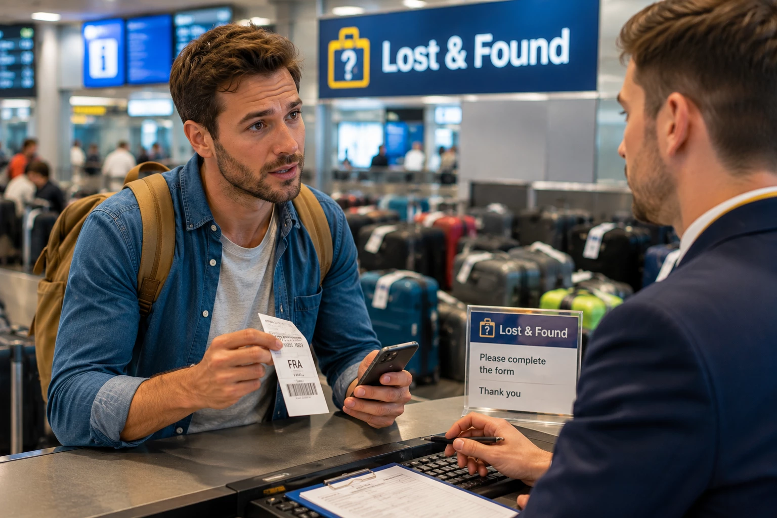 Fehlt das Gepäck, ist der Lost-&-Found-Schalter die erste Anlaufstelle: Gepäckabschnitt, Smartphone und Verlustmeldung helfen dabei, den Fall sauber zu dokumentieren. (KI-generiert)